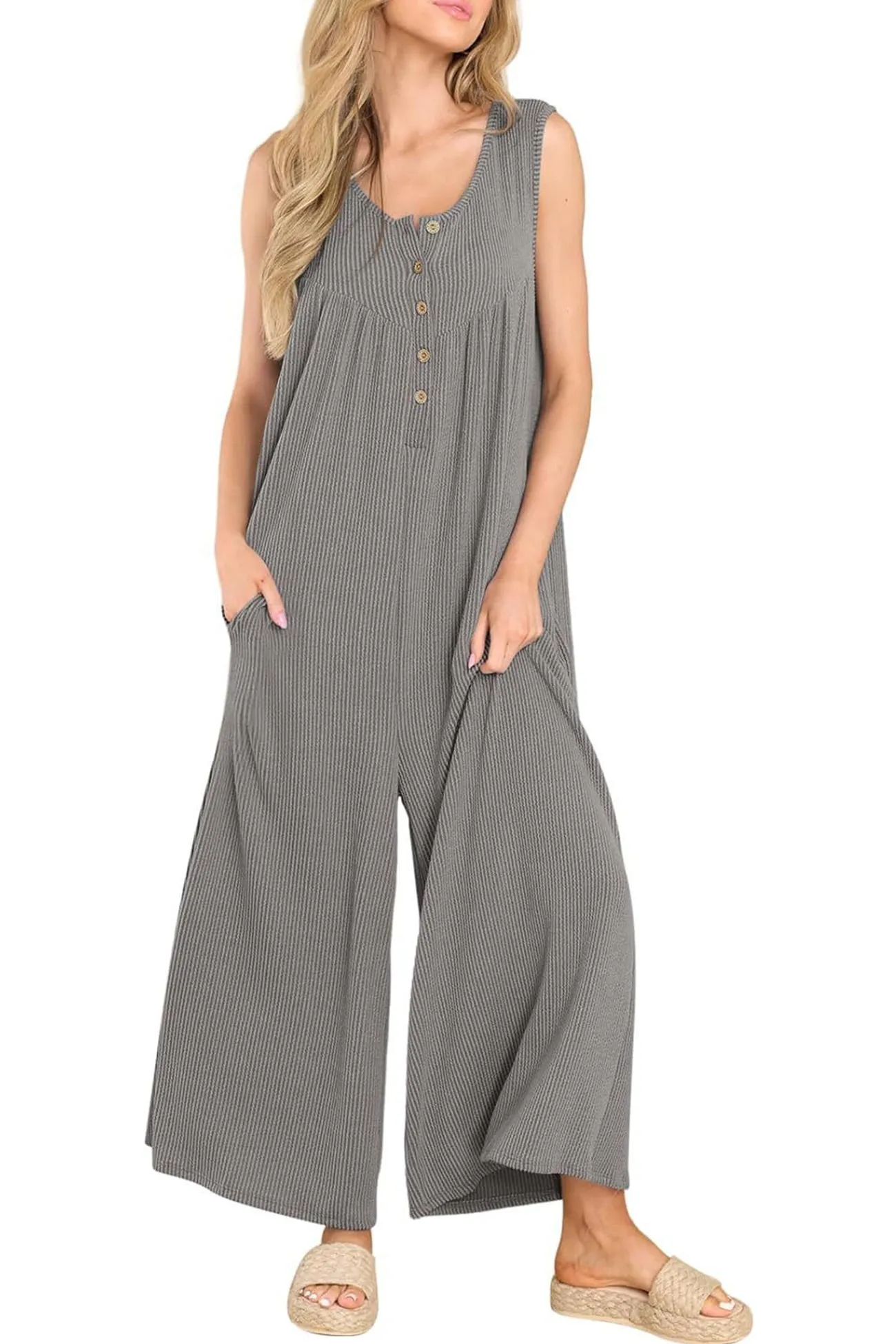 Single-breasted Pocketed Sleeveless Jumpsuits