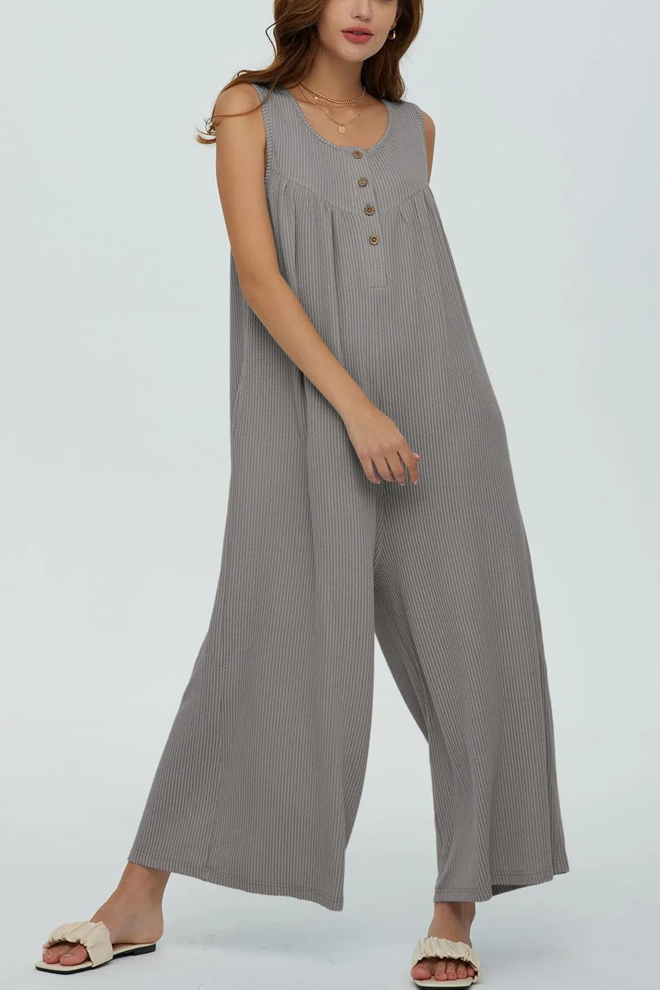 Single-breasted Pocketed Sleeveless Jumpsuits