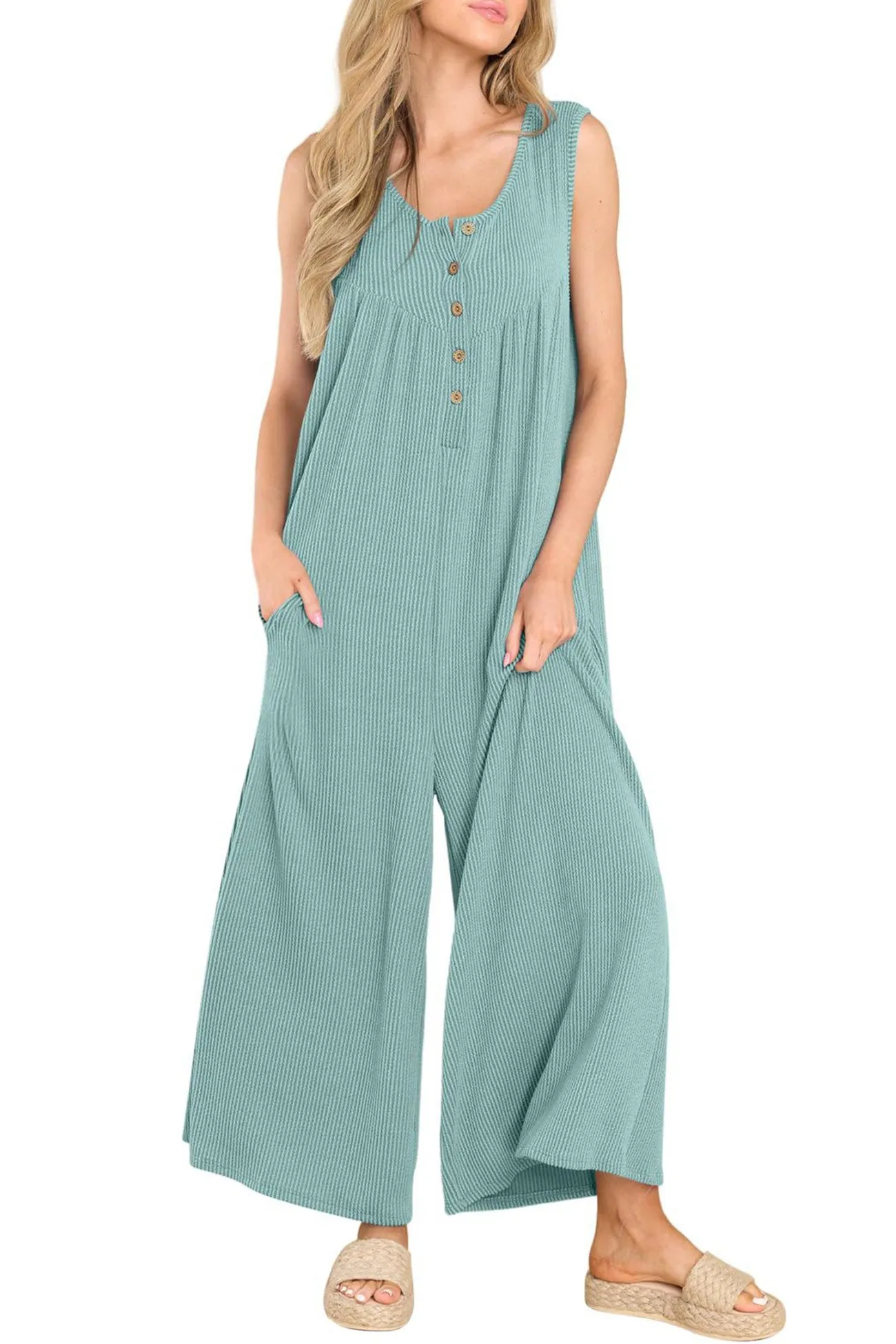 Single-breasted Pocketed Sleeveless Jumpsuits