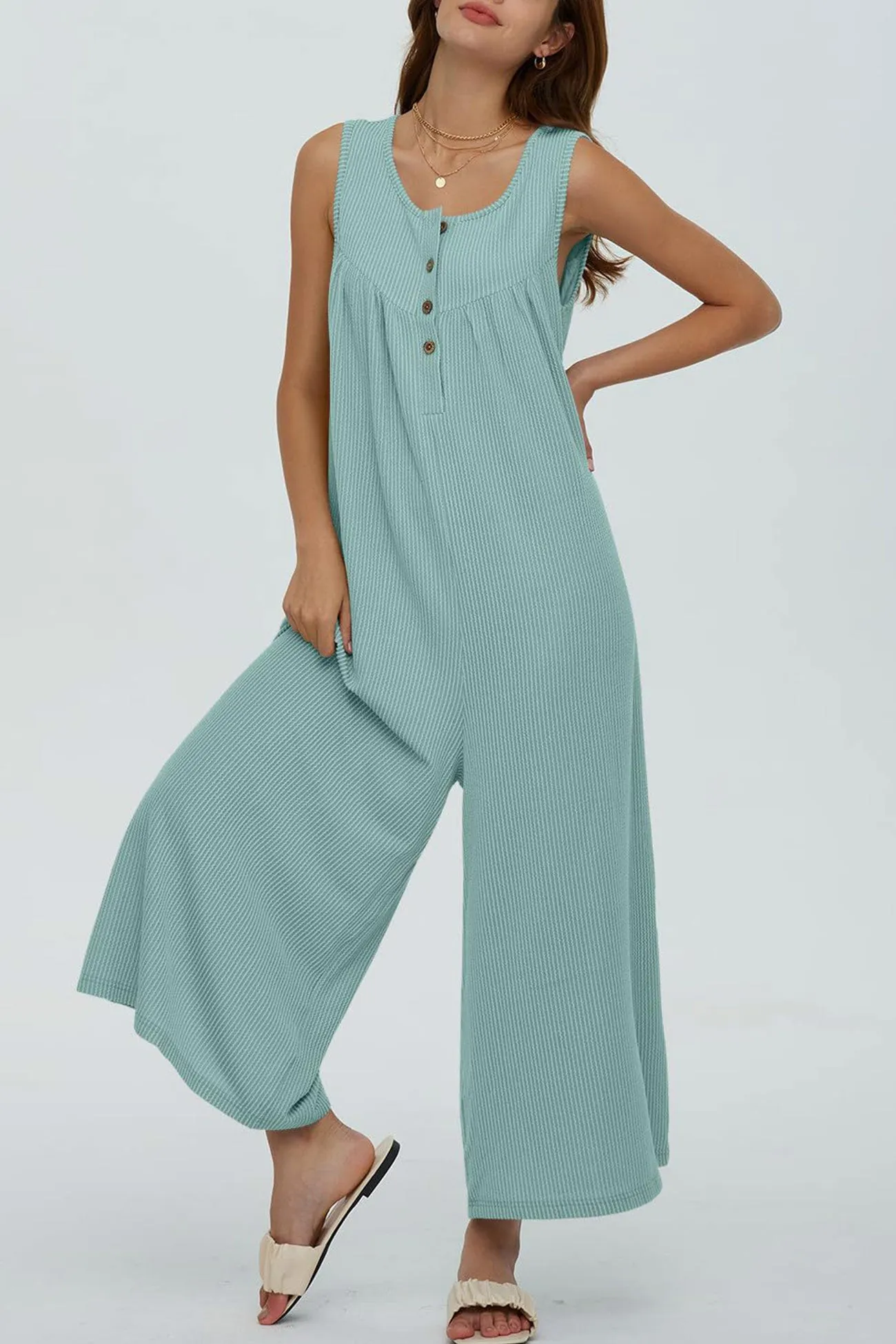 Single-breasted Pocketed Sleeveless Jumpsuits