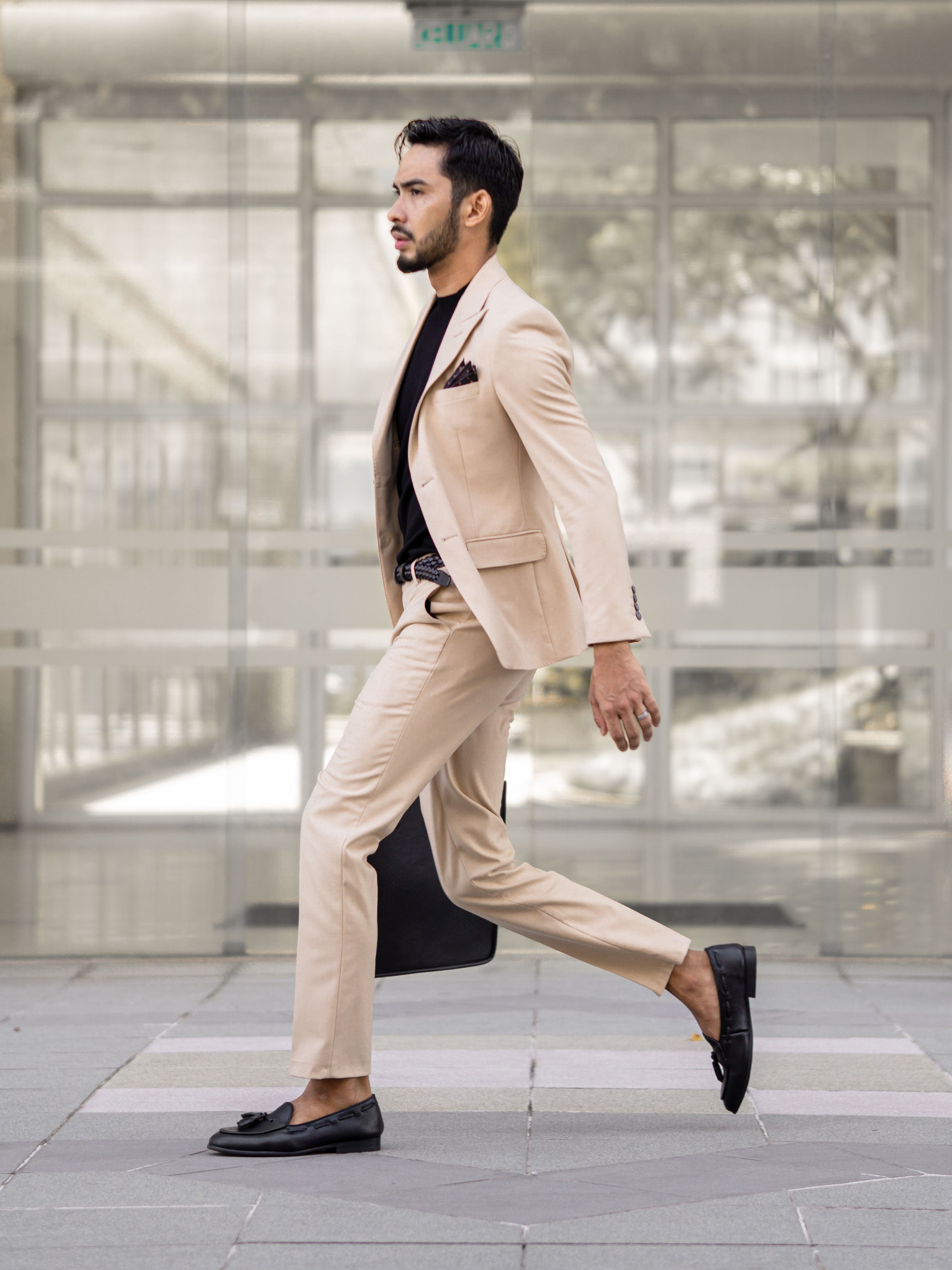 Single Breasted Suit Blazer - Beige Plain (Peak Lapel)