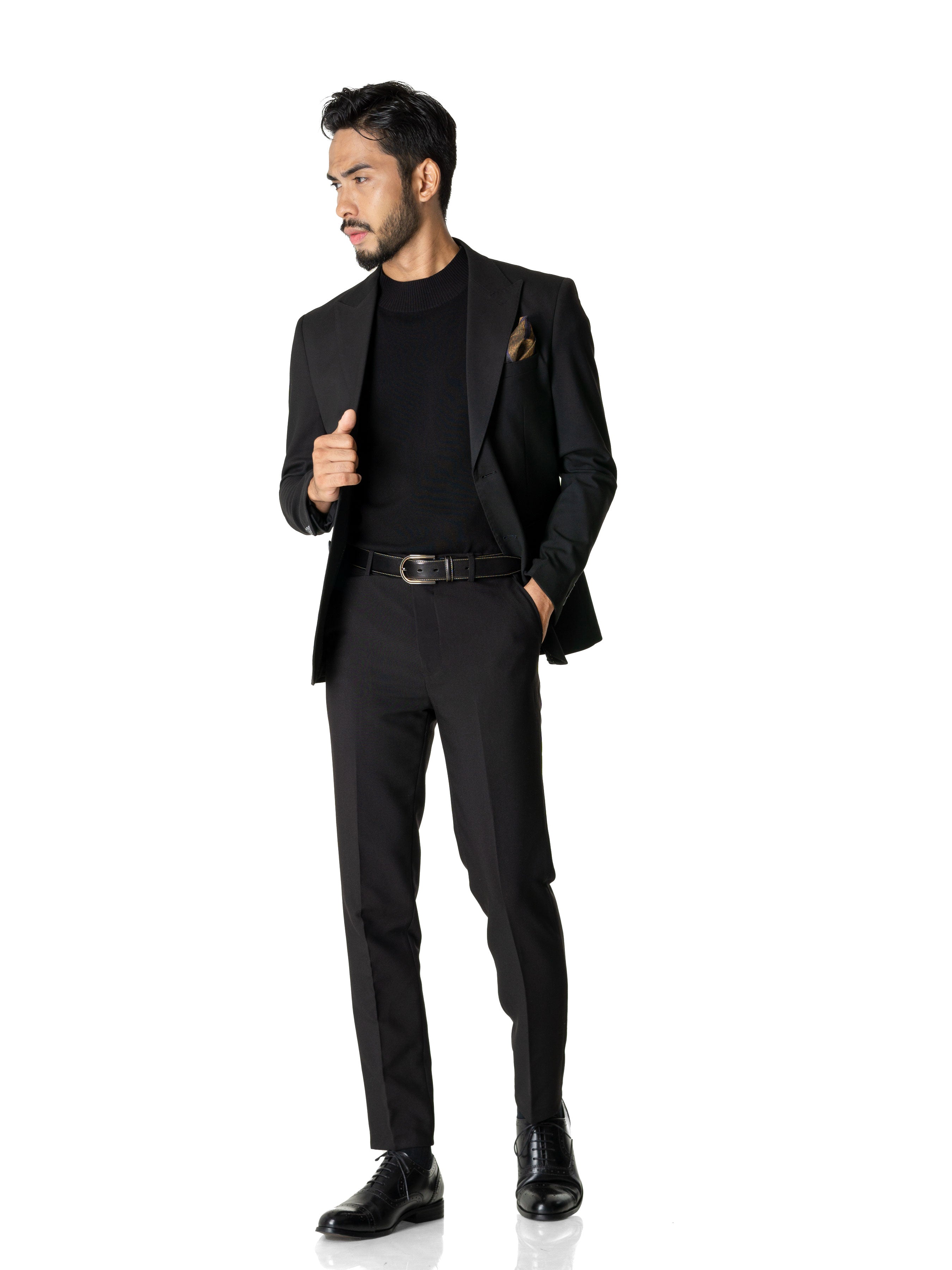 Single Breasted Suit Blazer - Deep Black Plain (Peak Lapel)