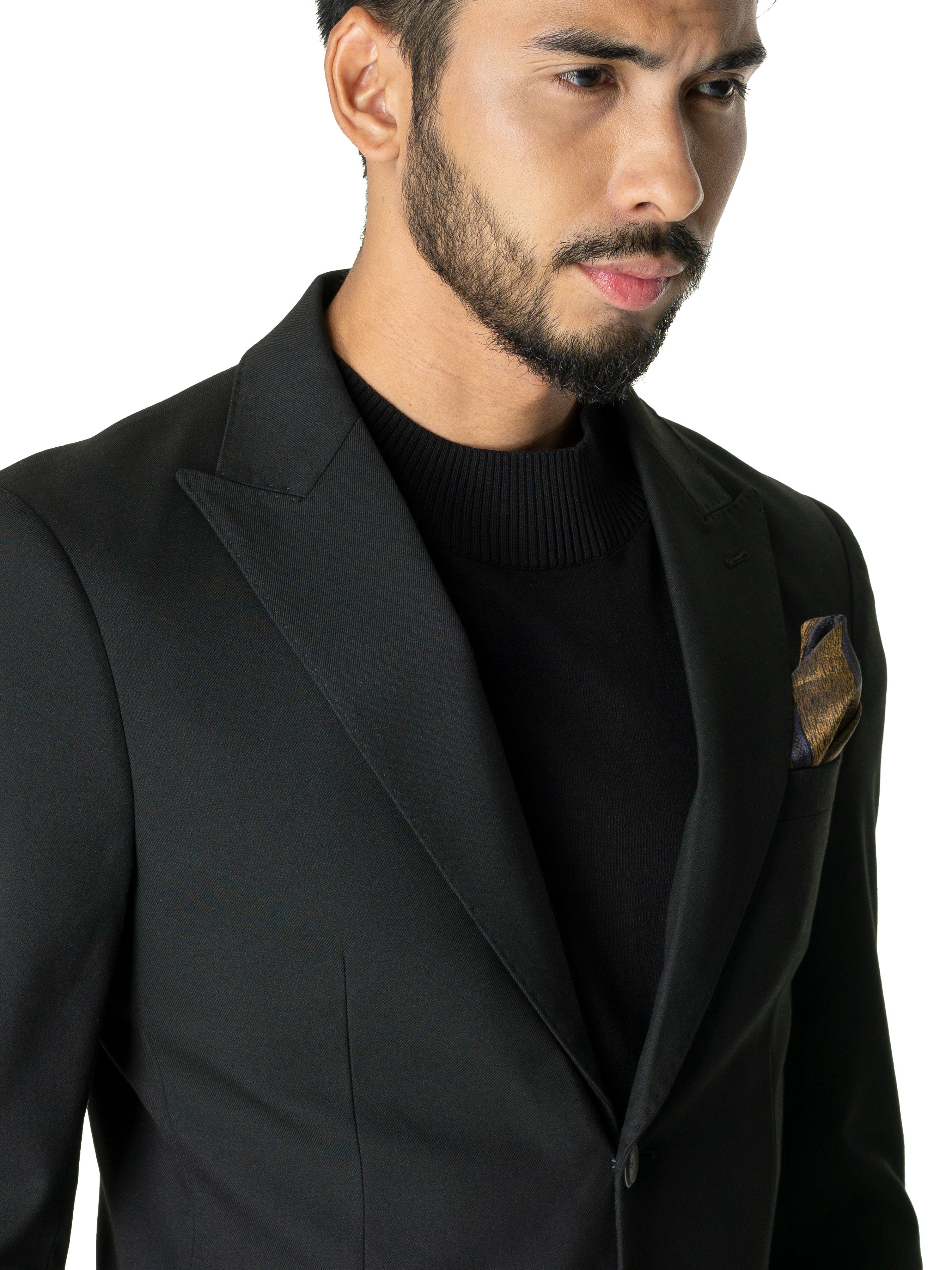 Single Breasted Suit Blazer - Deep Black Plain (Peak Lapel)