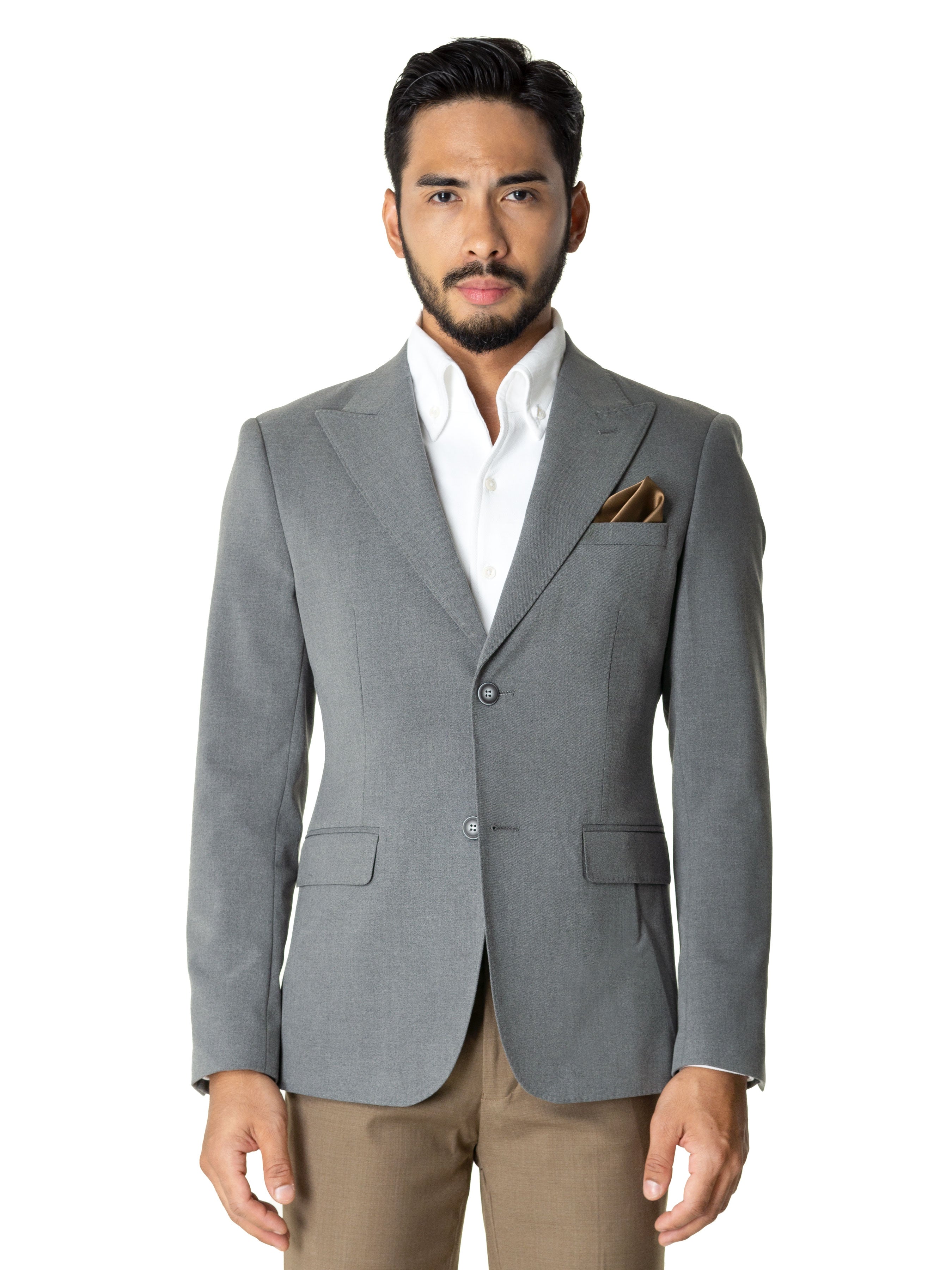 Single Breasted Suit Blazer - Grey Plain (Peak Lapel)