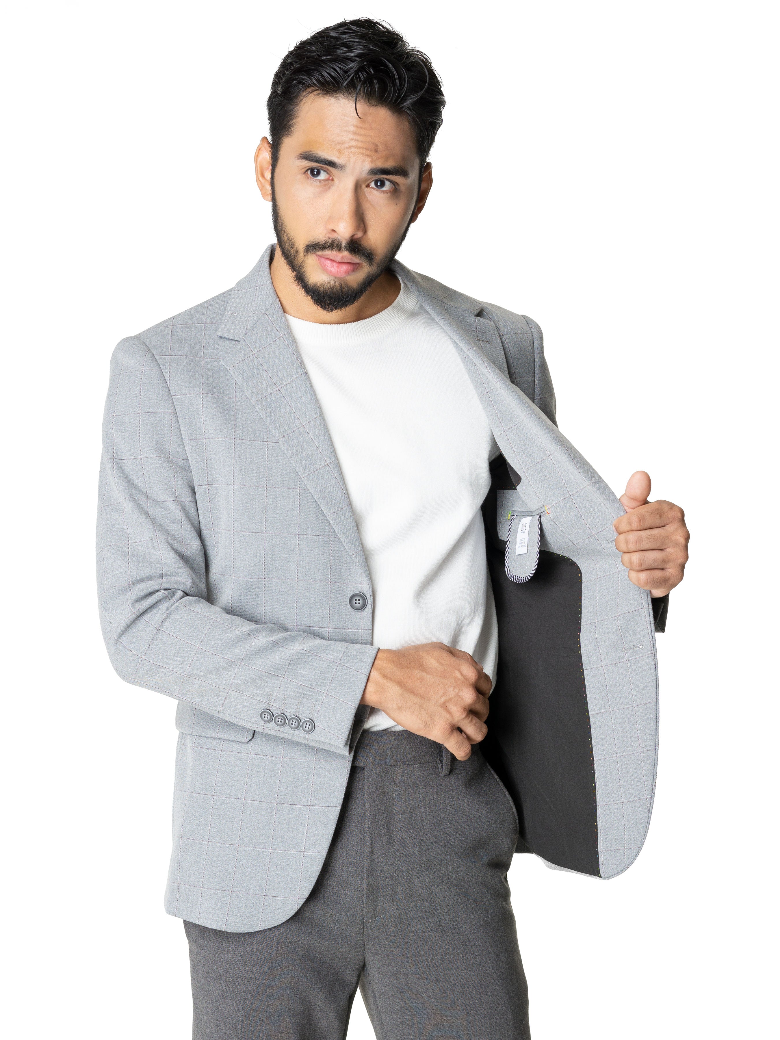 Single Breasted Suit Blazer - Light Grey Windowpane (Notch Lapel)