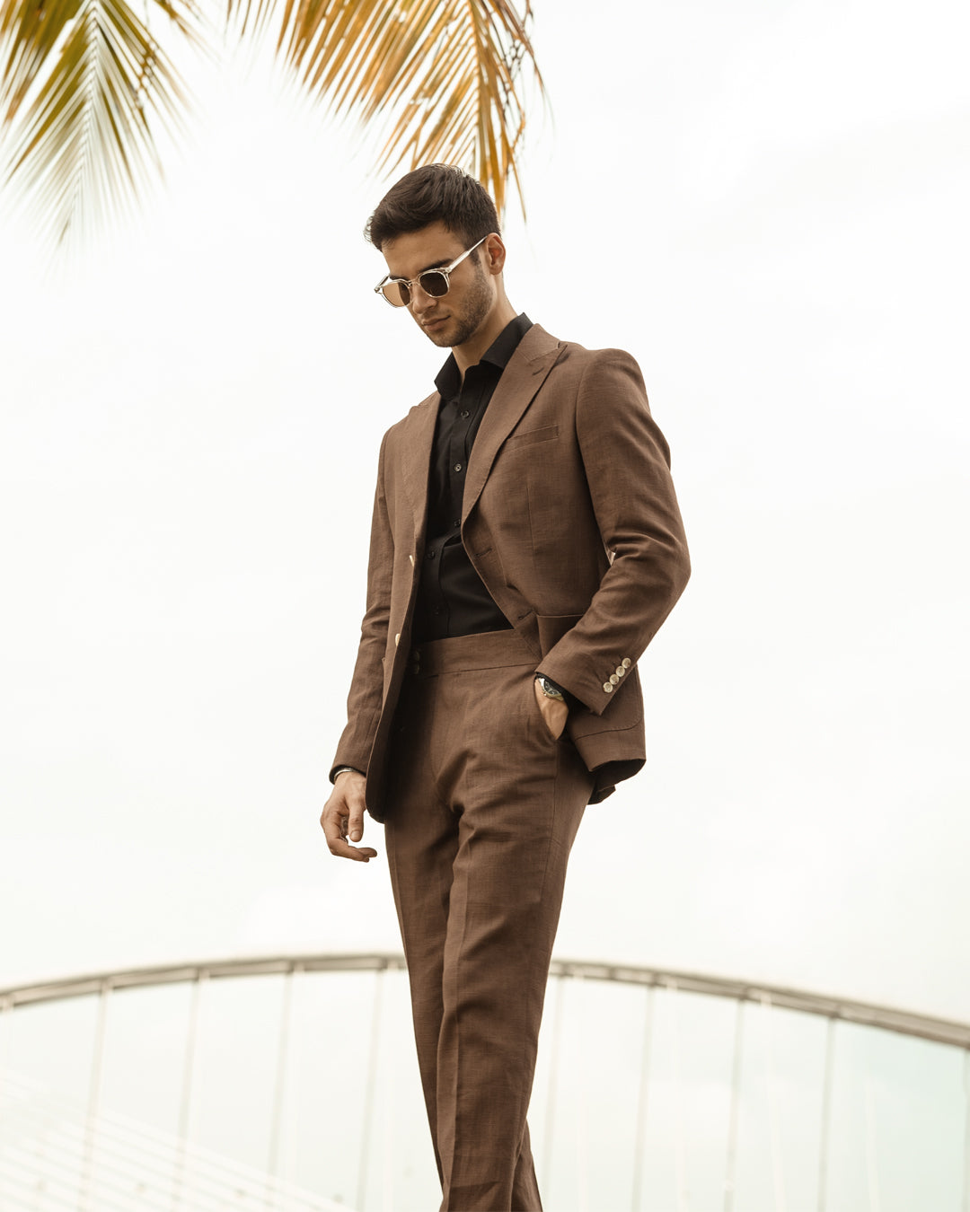 Single Breasted Suit Blazer - Linen Coffee Plain (Peak Lapel)