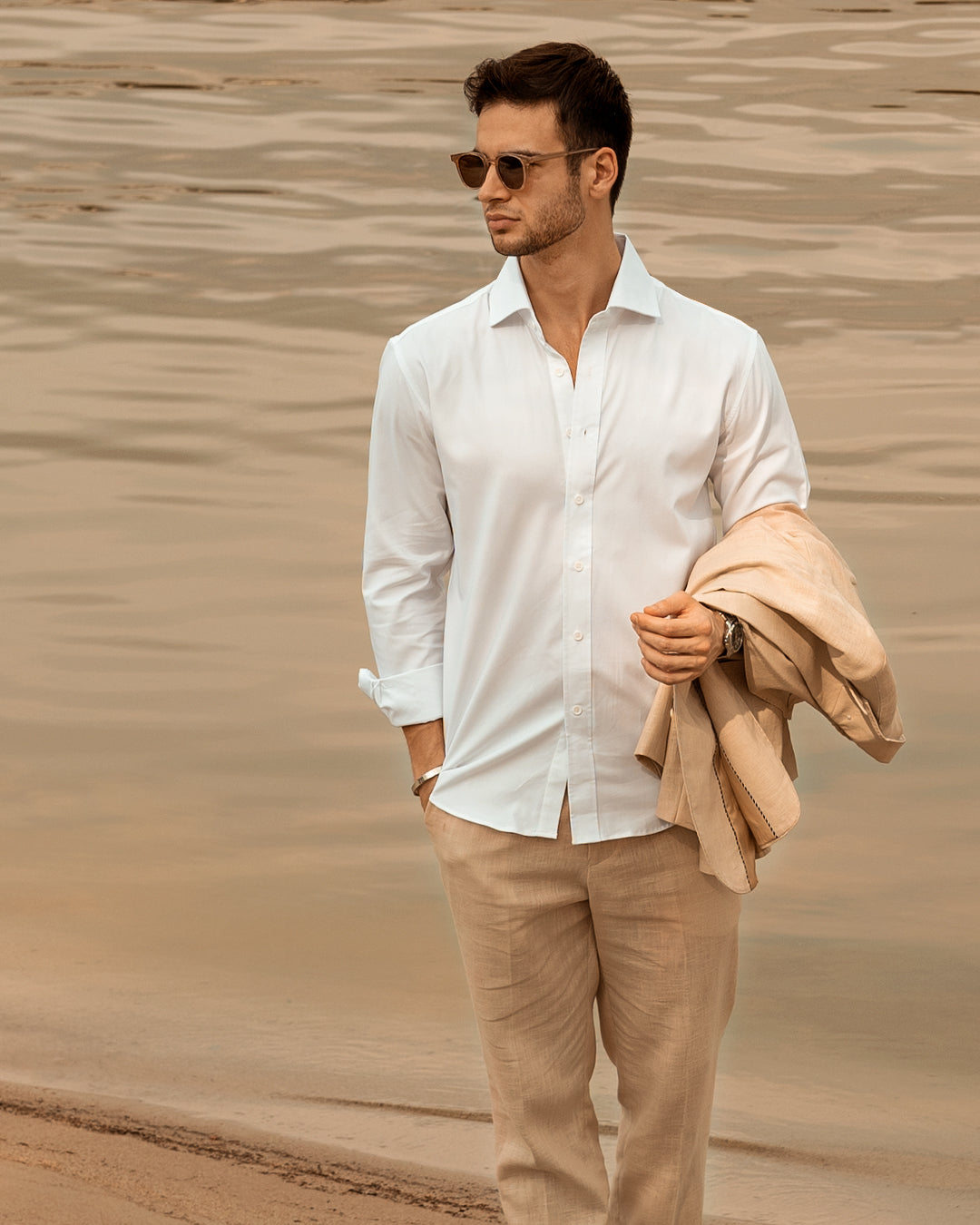 Single Breasted Suit Blazer - Linen Cream Plain (Peak Lapel)