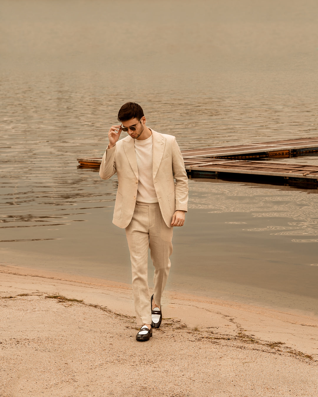 Single Breasted Suit Blazer - Linen Cream Plain (Peak Lapel)