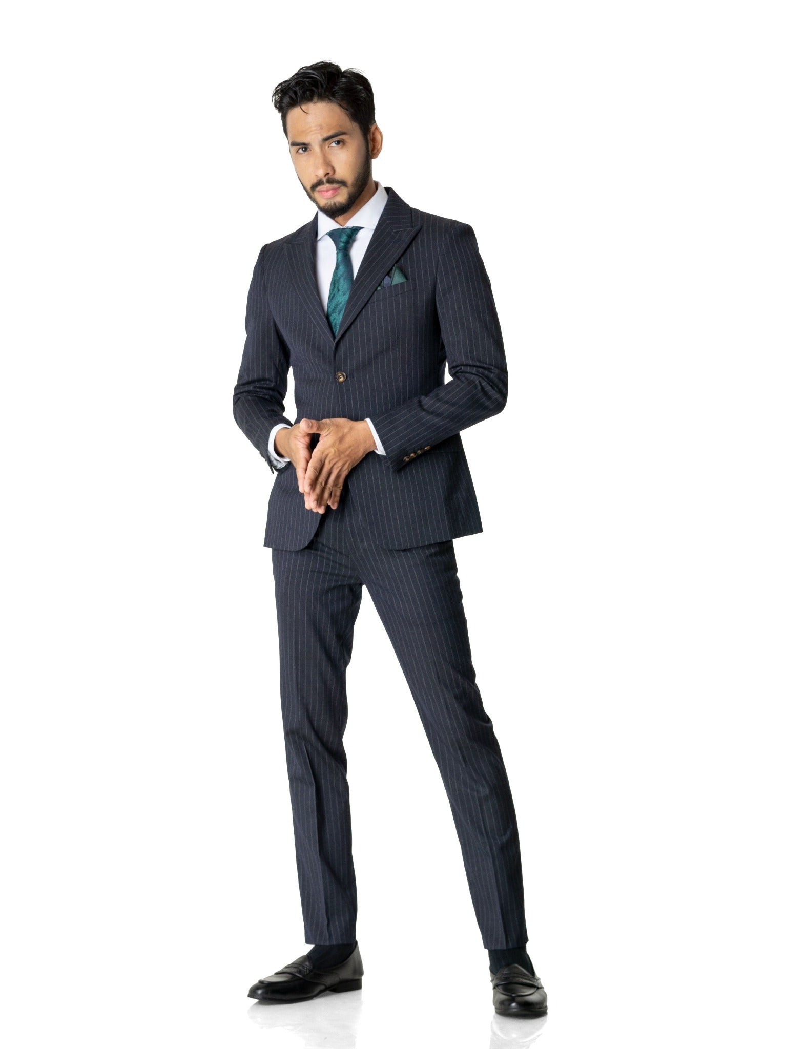 Single Breasted Suit Blazer - Navy Blue Pinstripes (Peak Lapel)