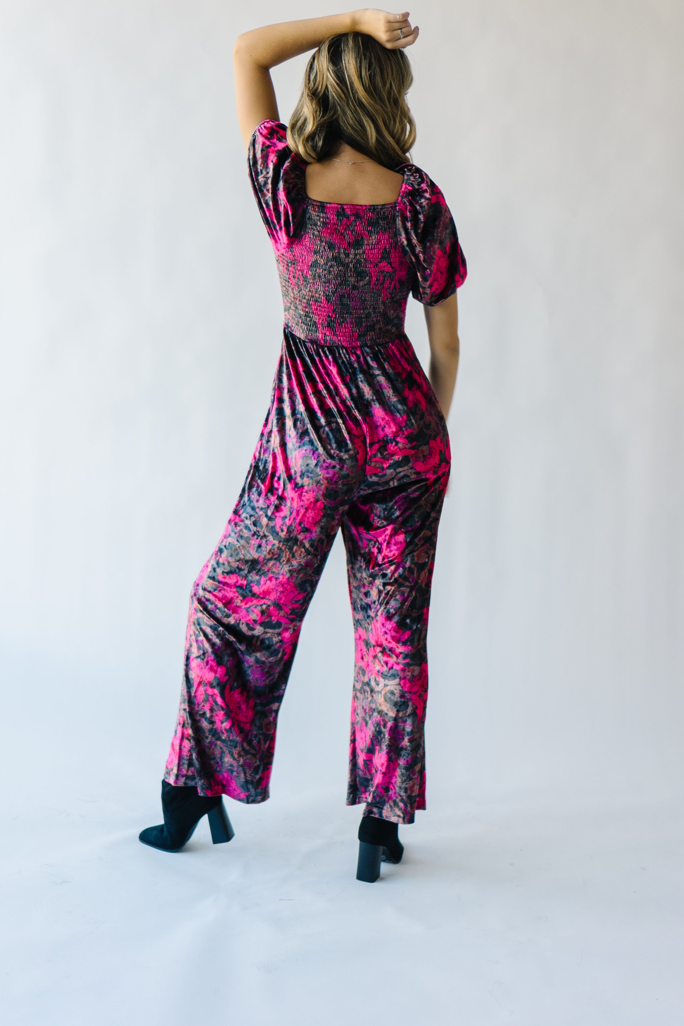 The Blythe Velvet Jumpsuit in Black Floral