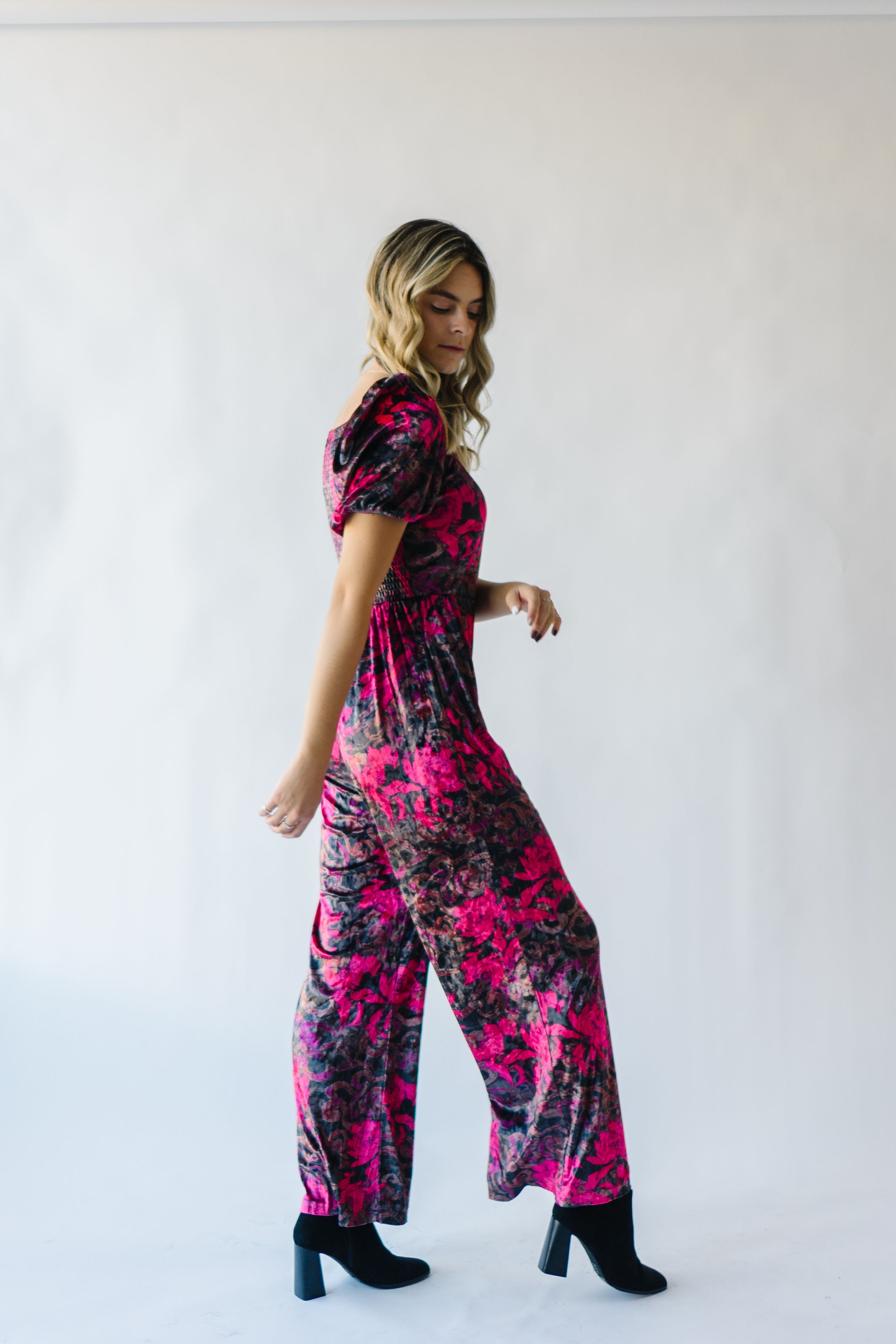 The Blythe Velvet Jumpsuit in Black Floral