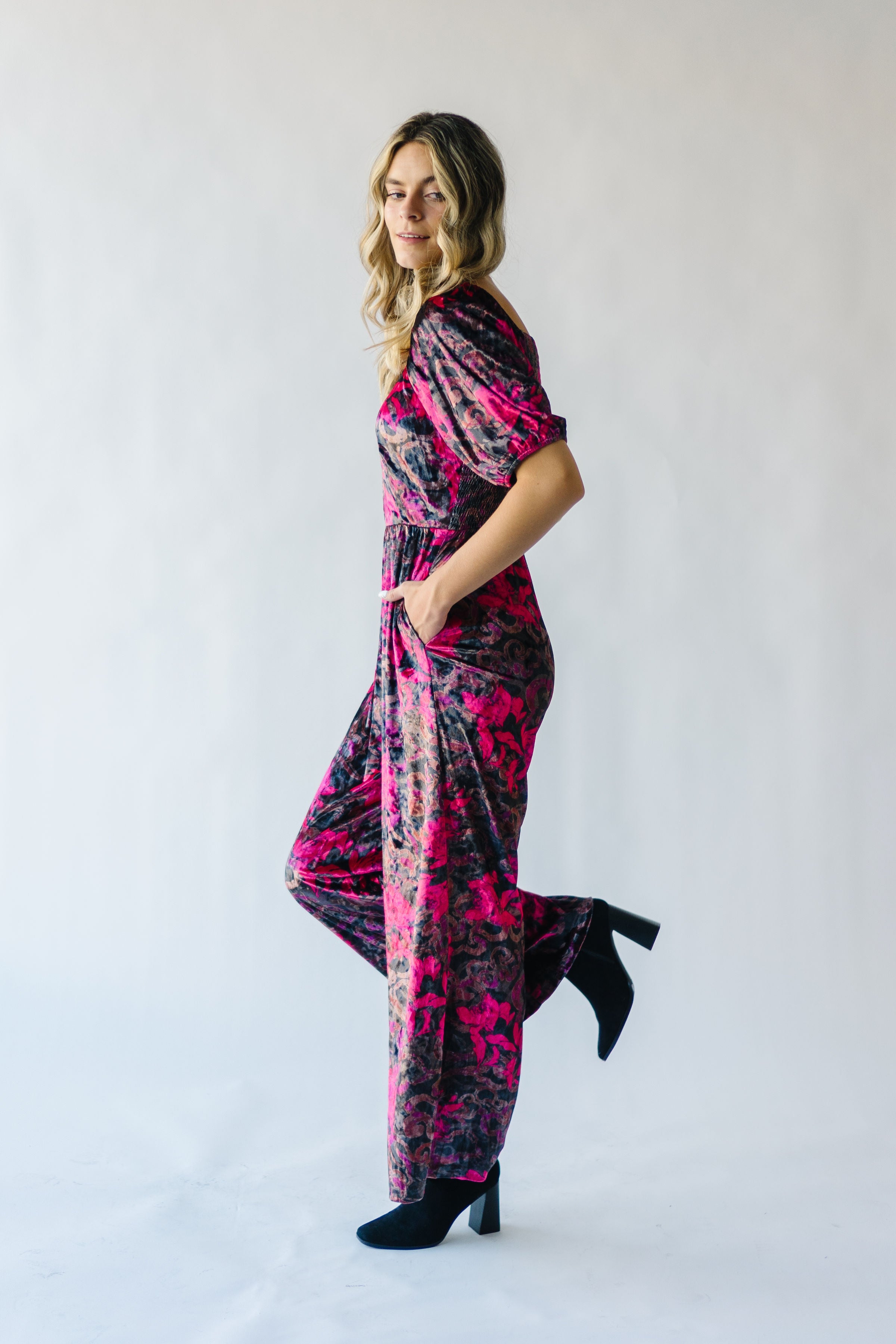 The Blythe Velvet Jumpsuit in Black Floral