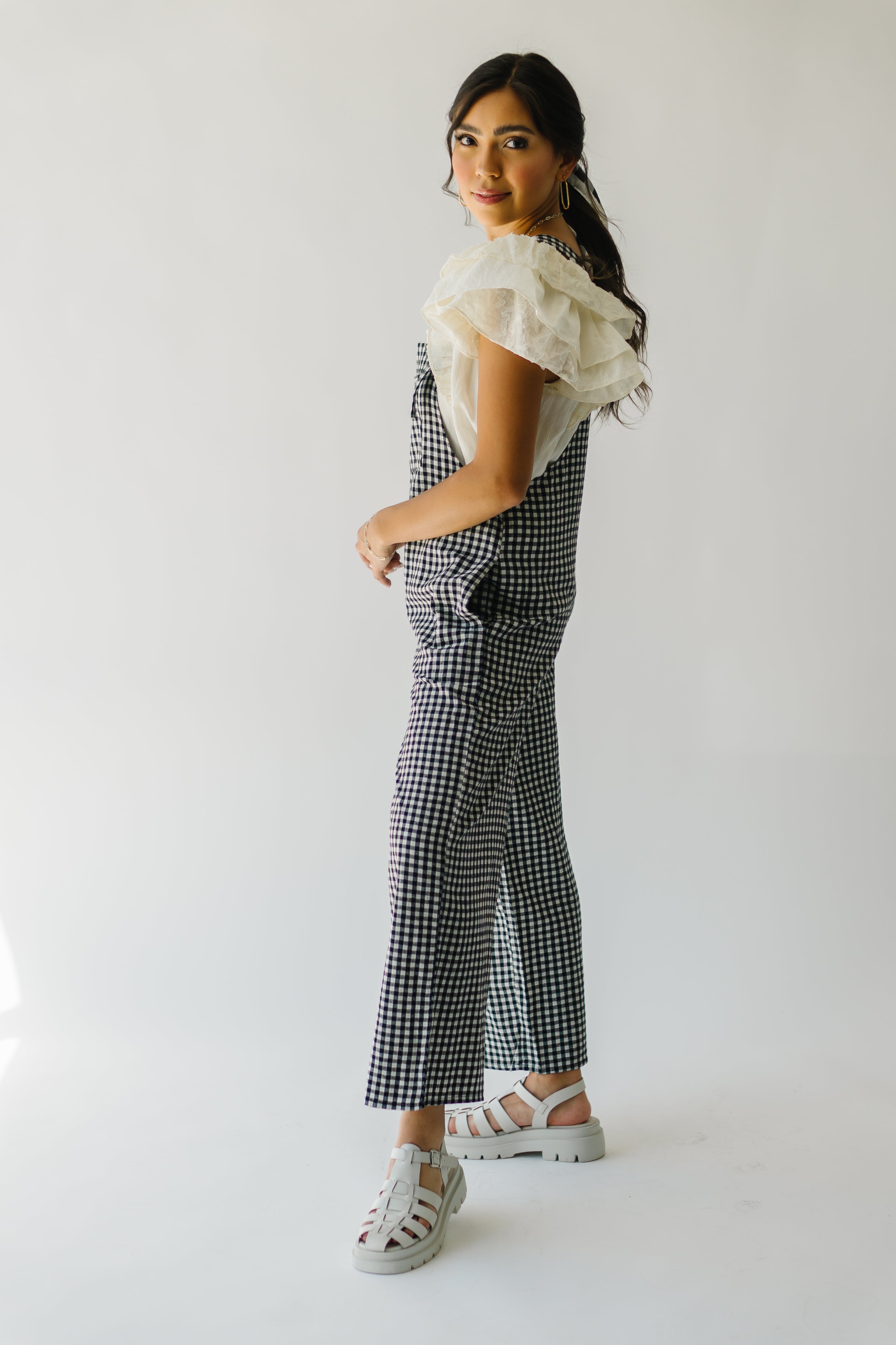 The Breigh Checkered Jumpsuit in Black + Cream