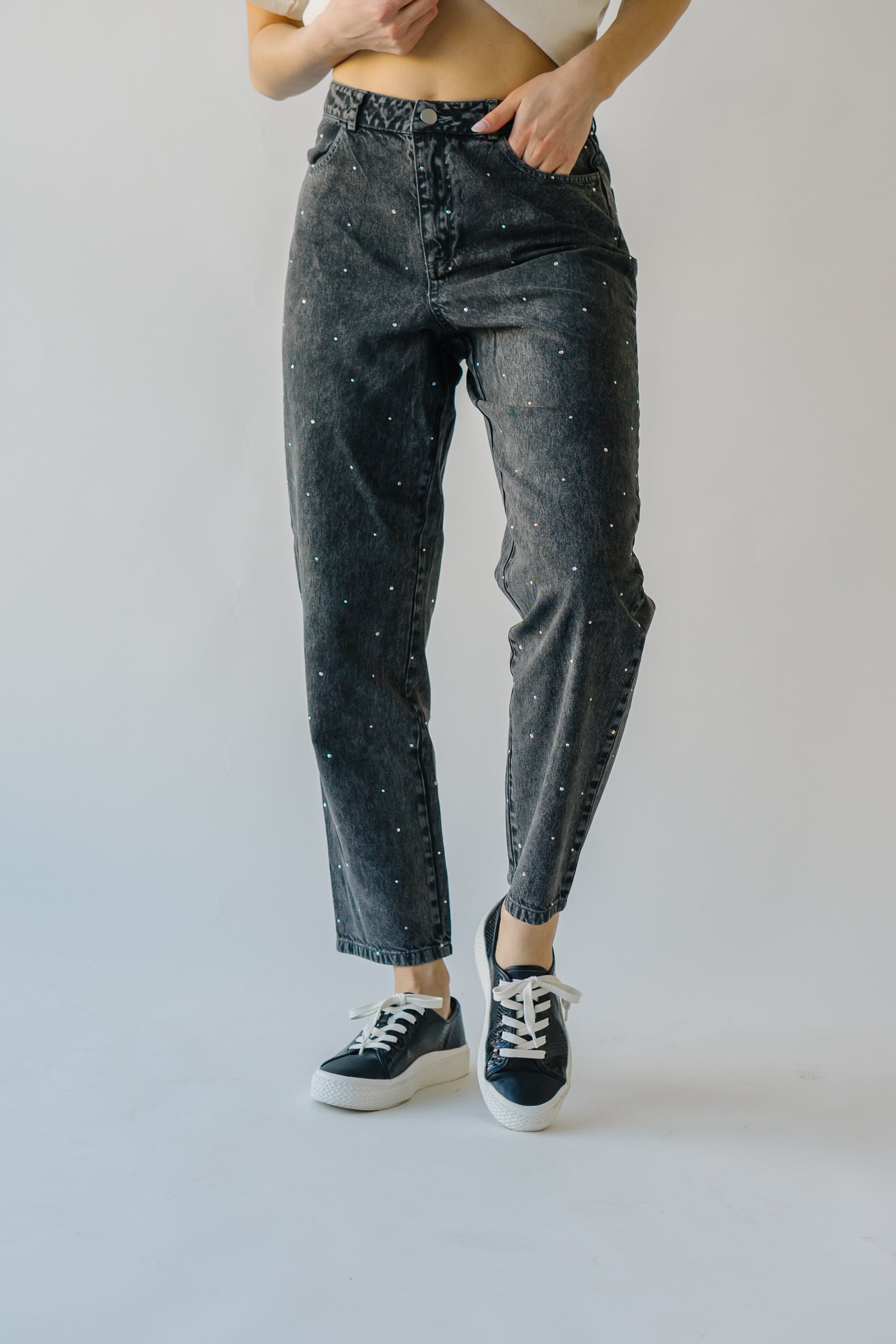 The Dana Rhinestone Jean in Washed Grey