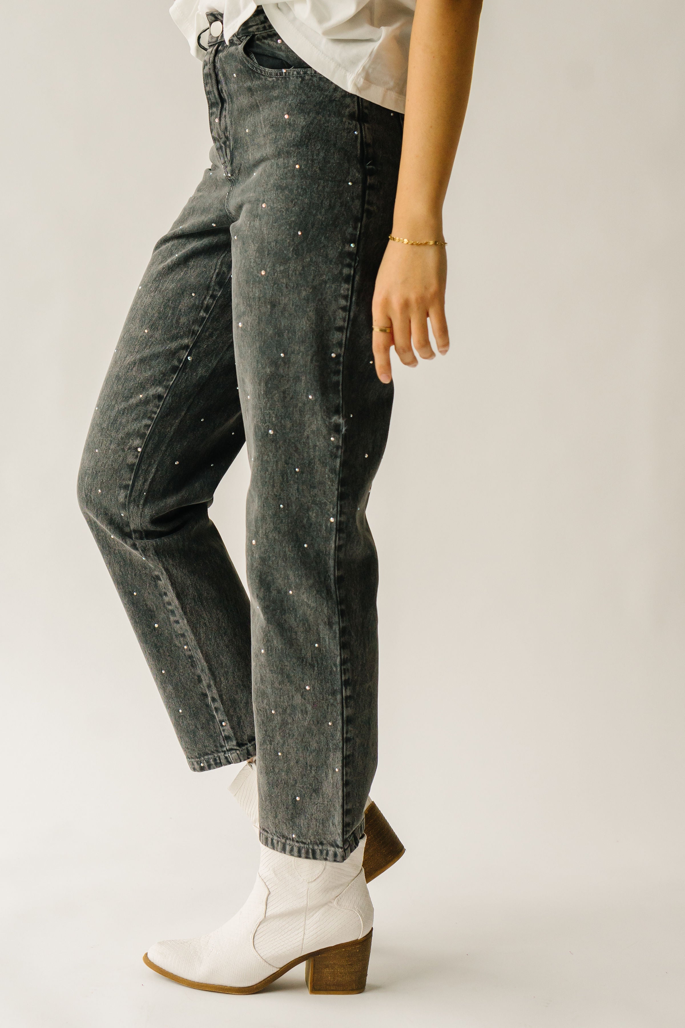 The Dana Rhinestone Jean in Washed Grey