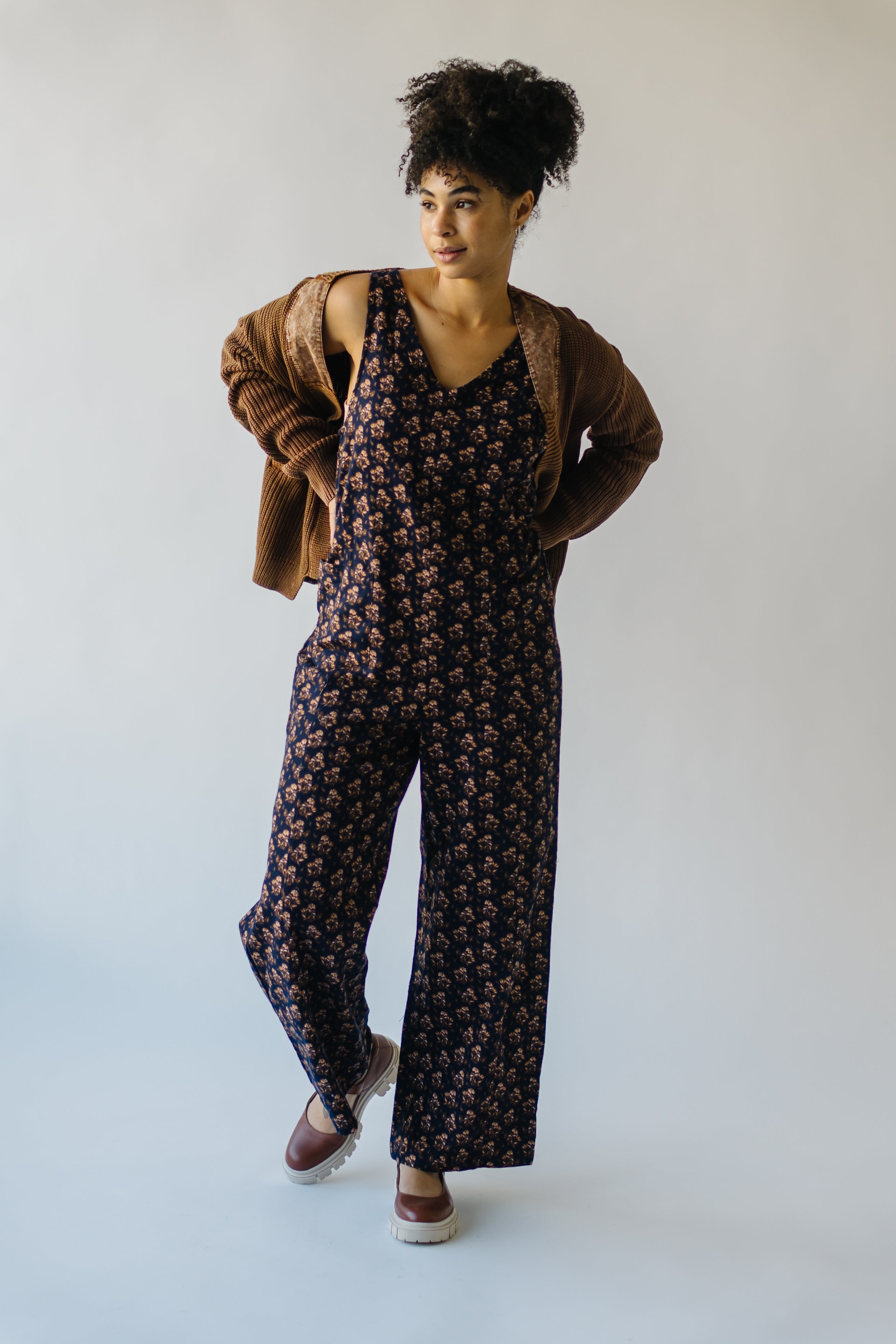 The Elmury V-Neck Jumpsuit in Navy Corduroy