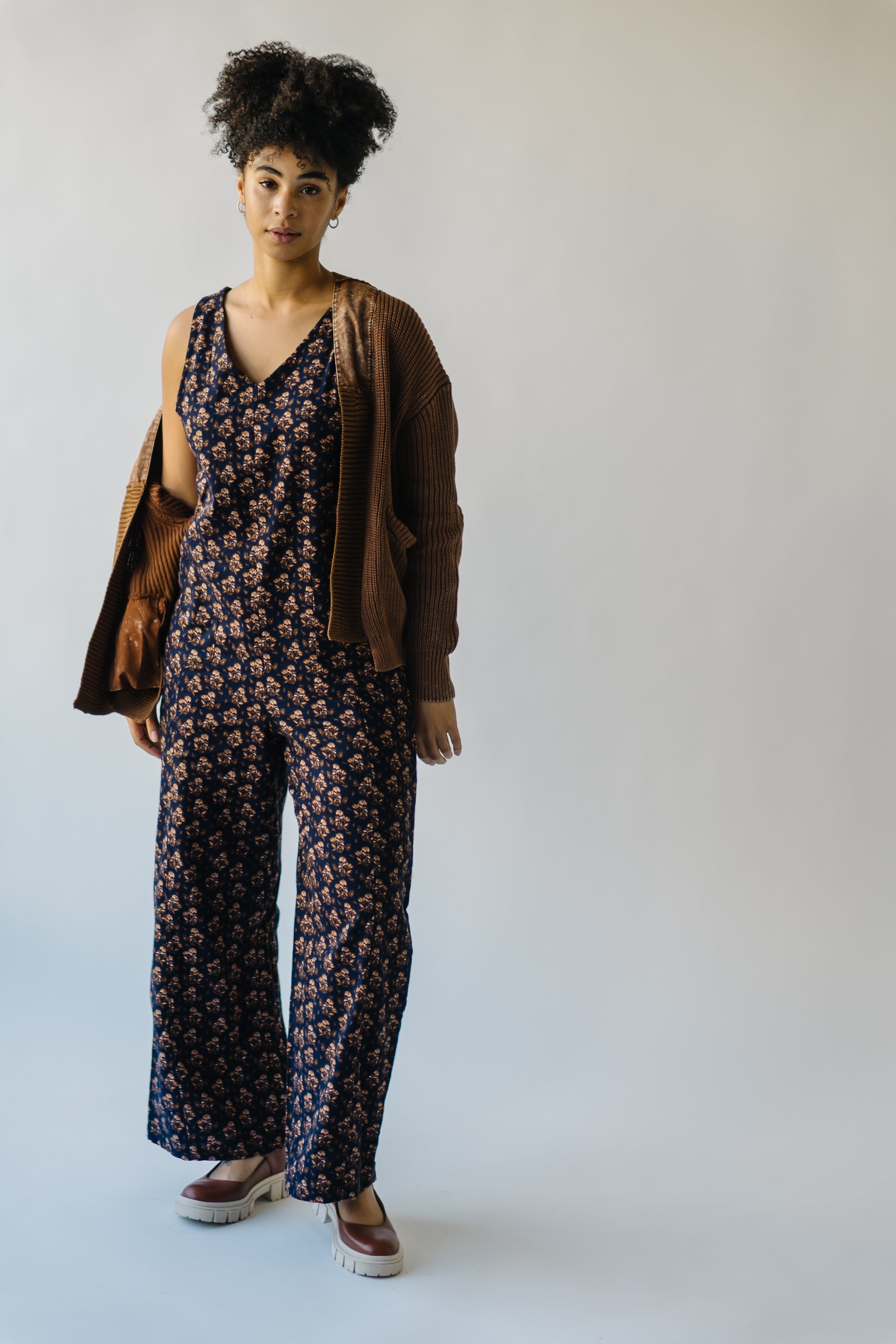 The Elmury V-Neck Jumpsuit in Navy Corduroy