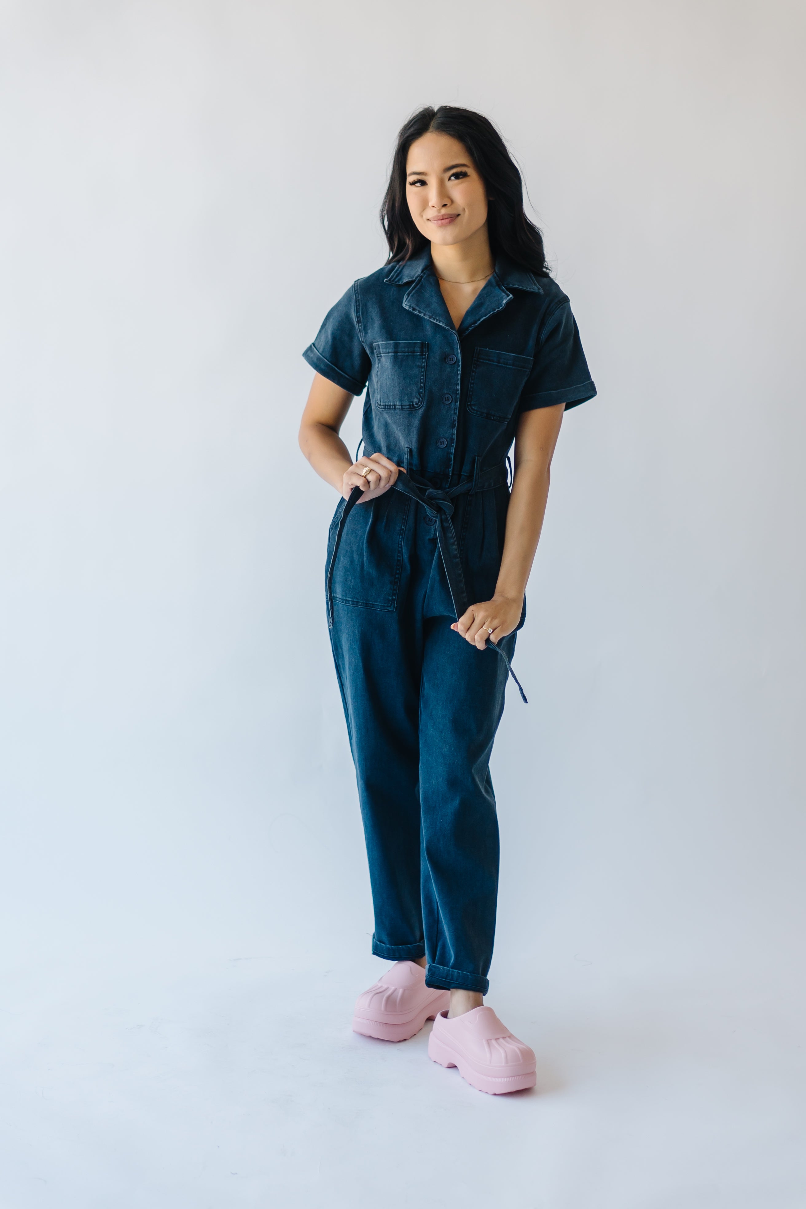 The Fleming Tie Denim Jumpsuit in Black