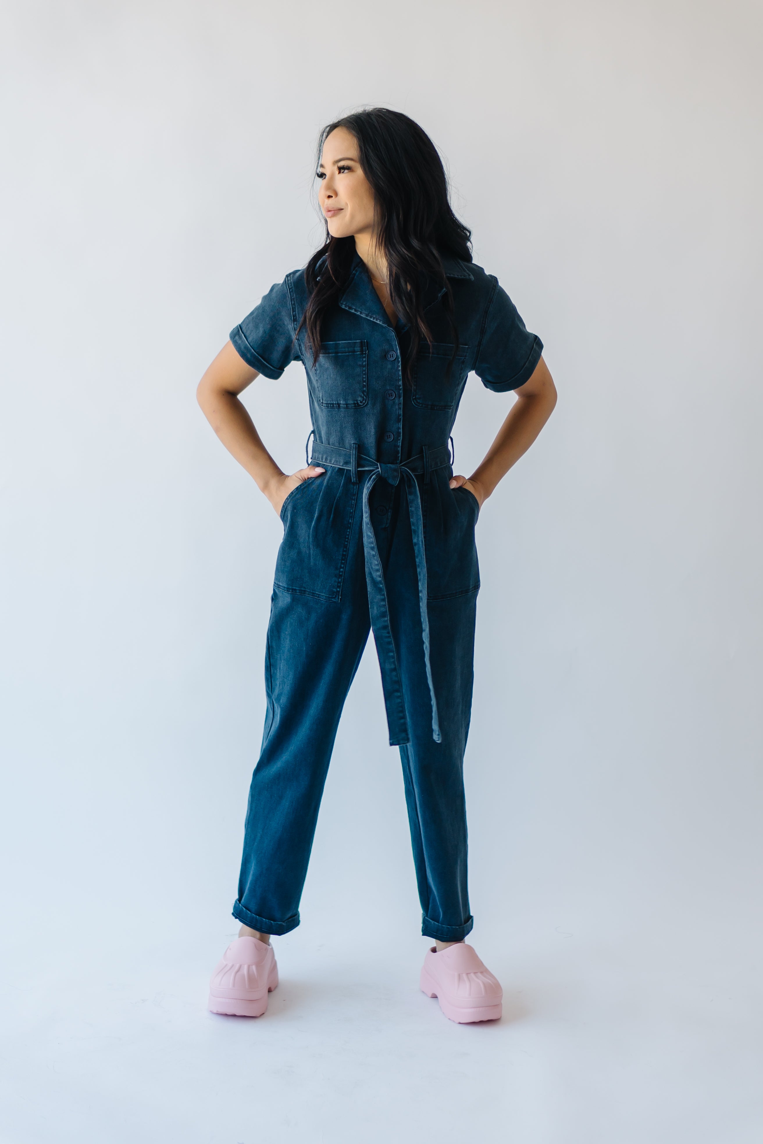 The Fleming Tie Denim Jumpsuit in Black