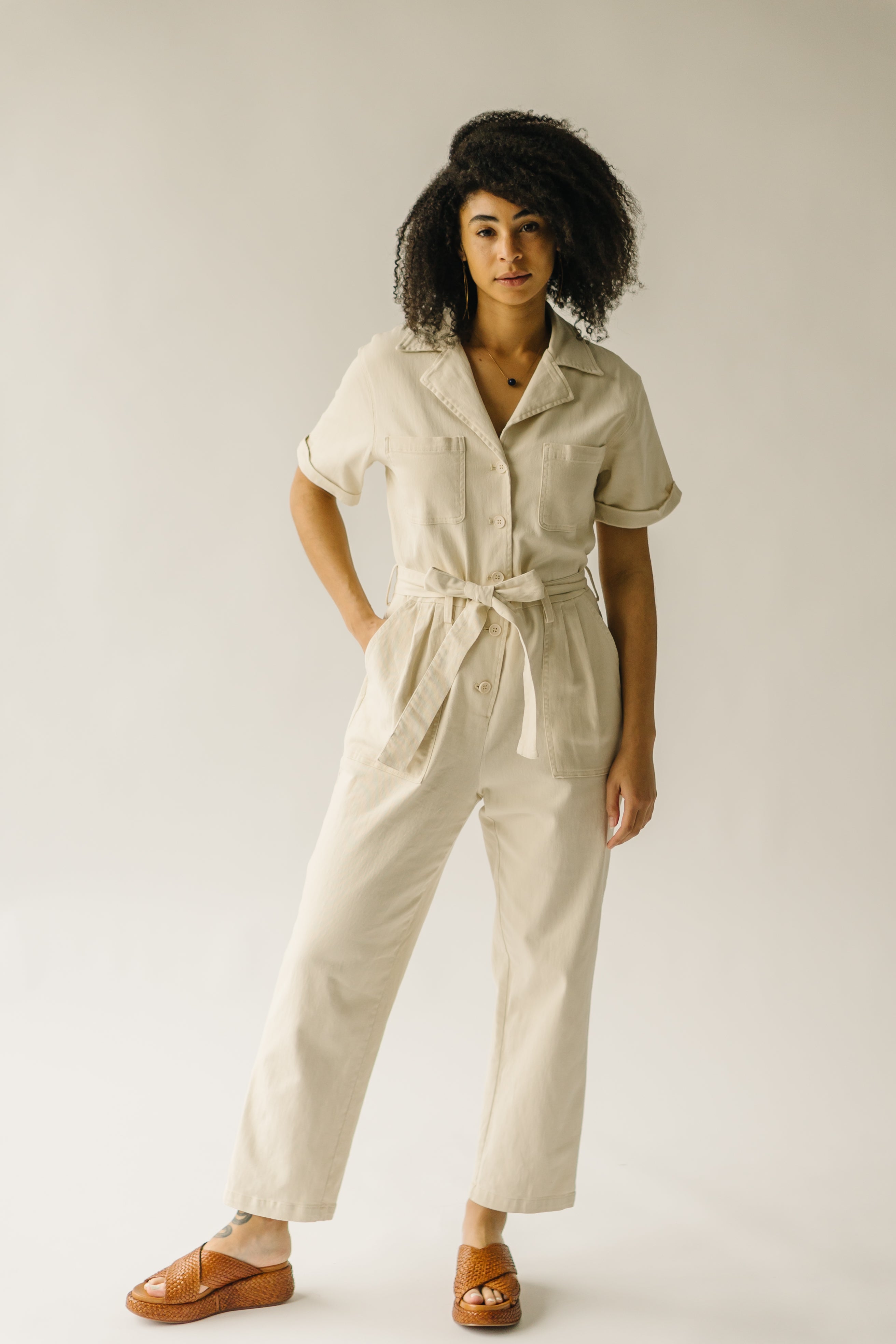 The Fleming Tie Denim Jumpsuit in Natural