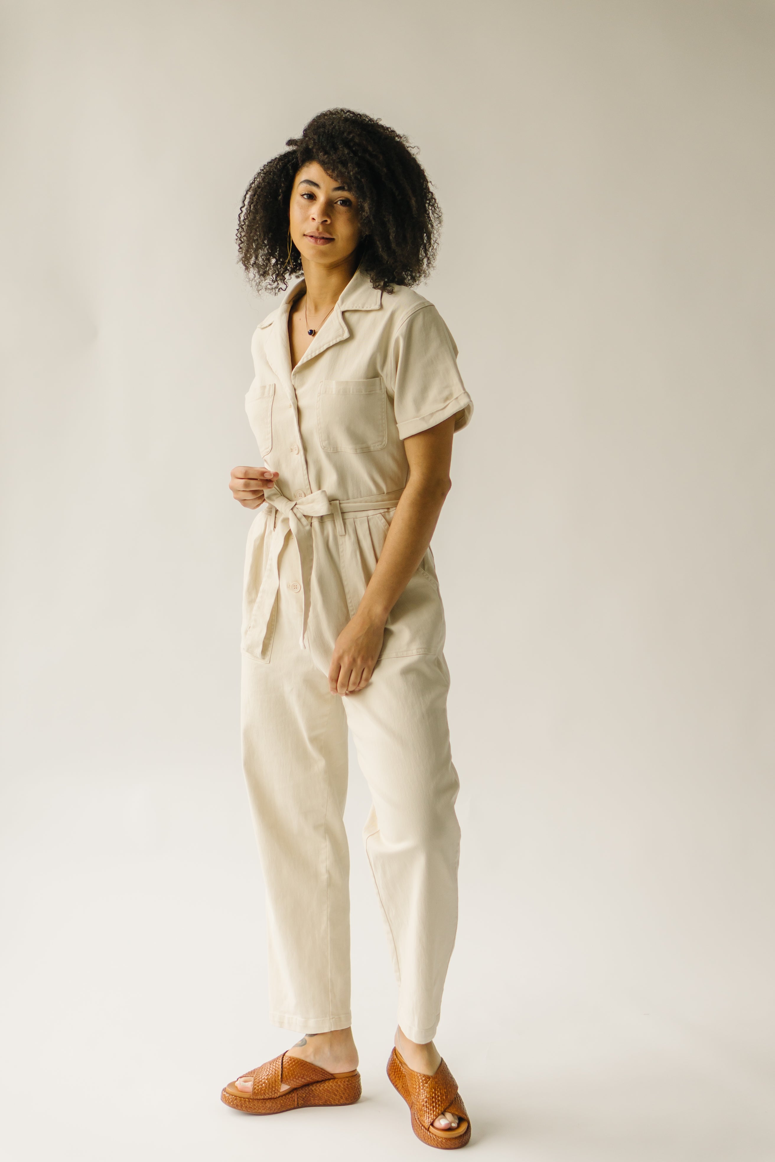 The Fleming Tie Denim Jumpsuit in Natural