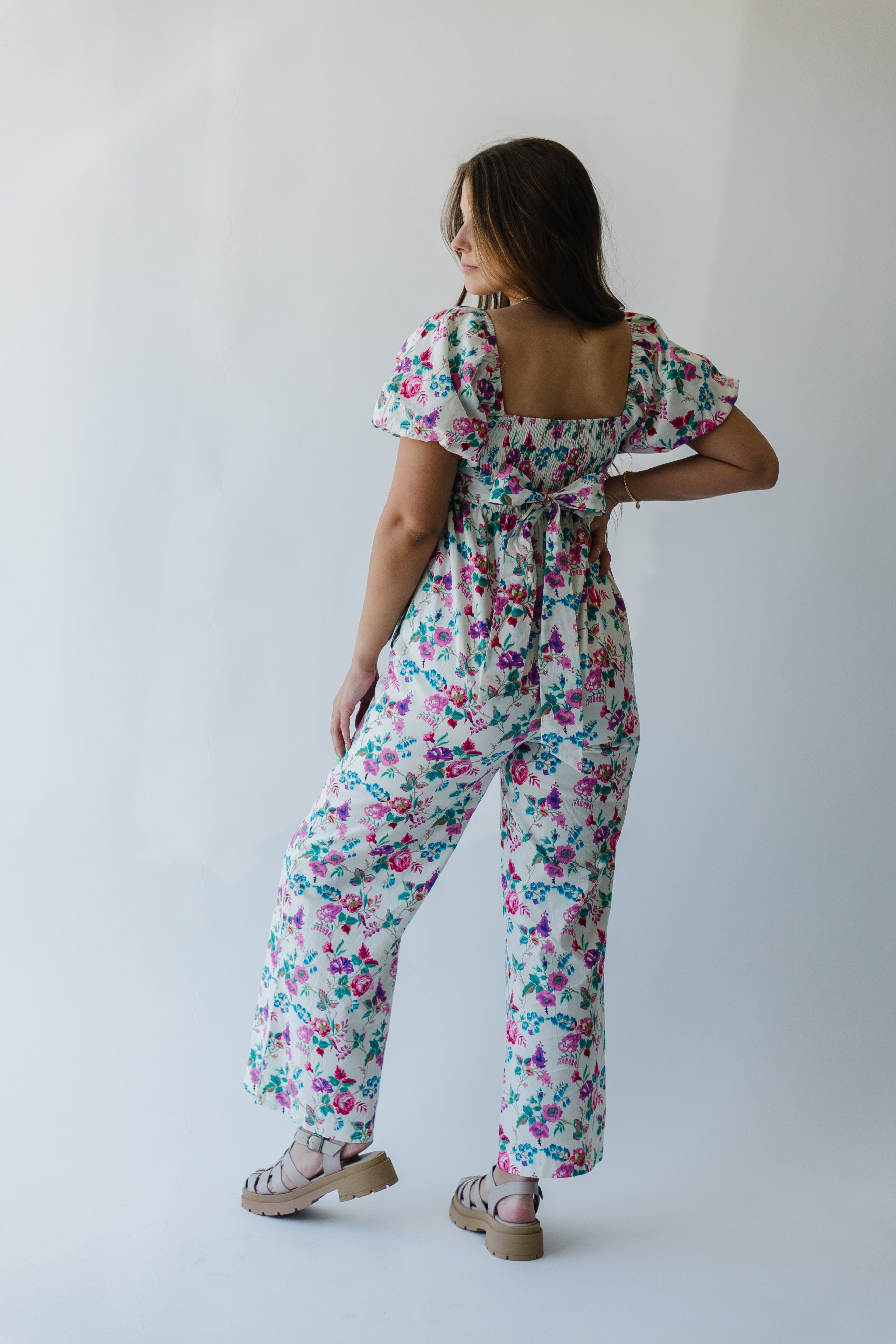 The Mackey Puff Sleeve Jumpsuit in Cream Floral