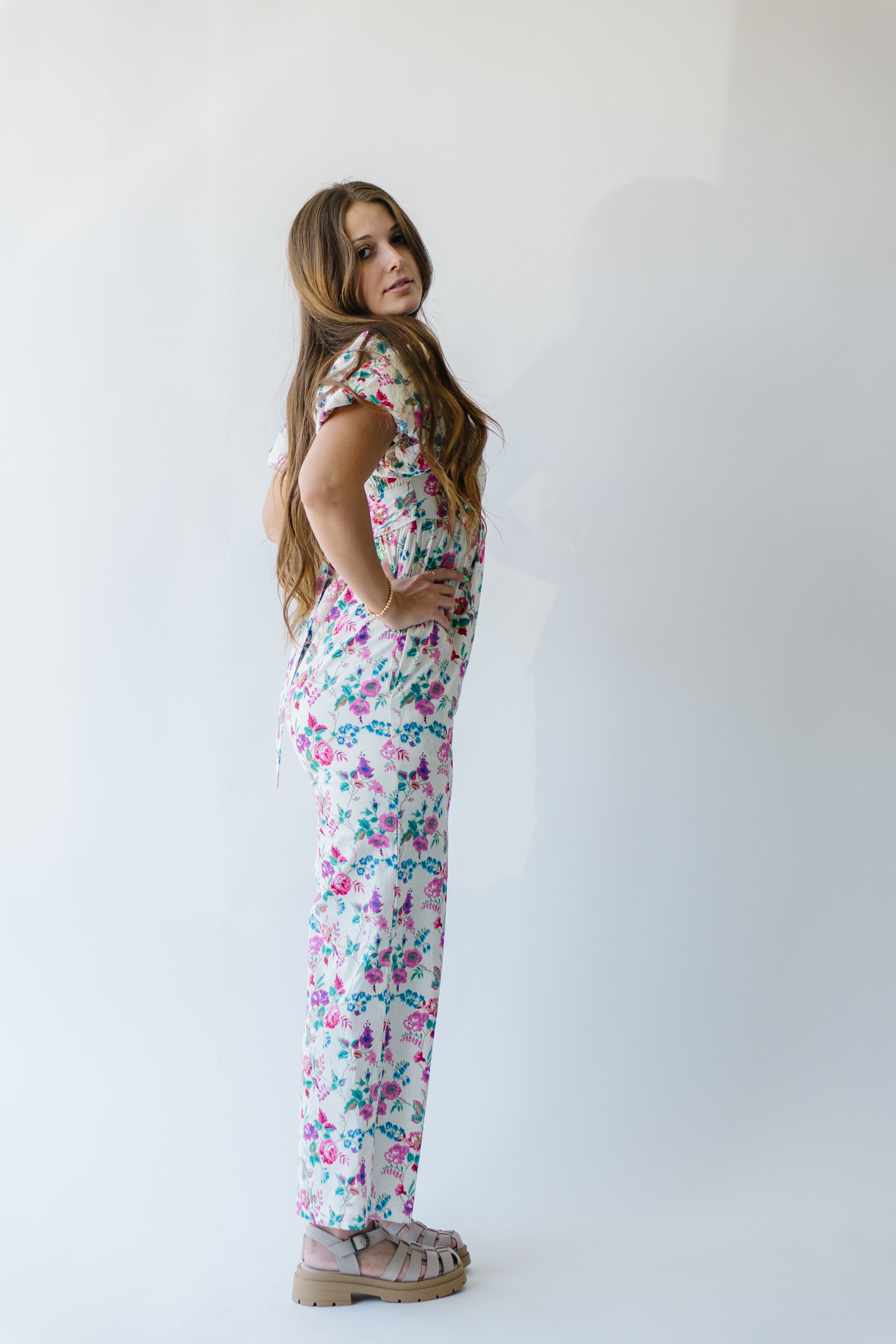 The Mackey Puff Sleeve Jumpsuit in Cream Floral