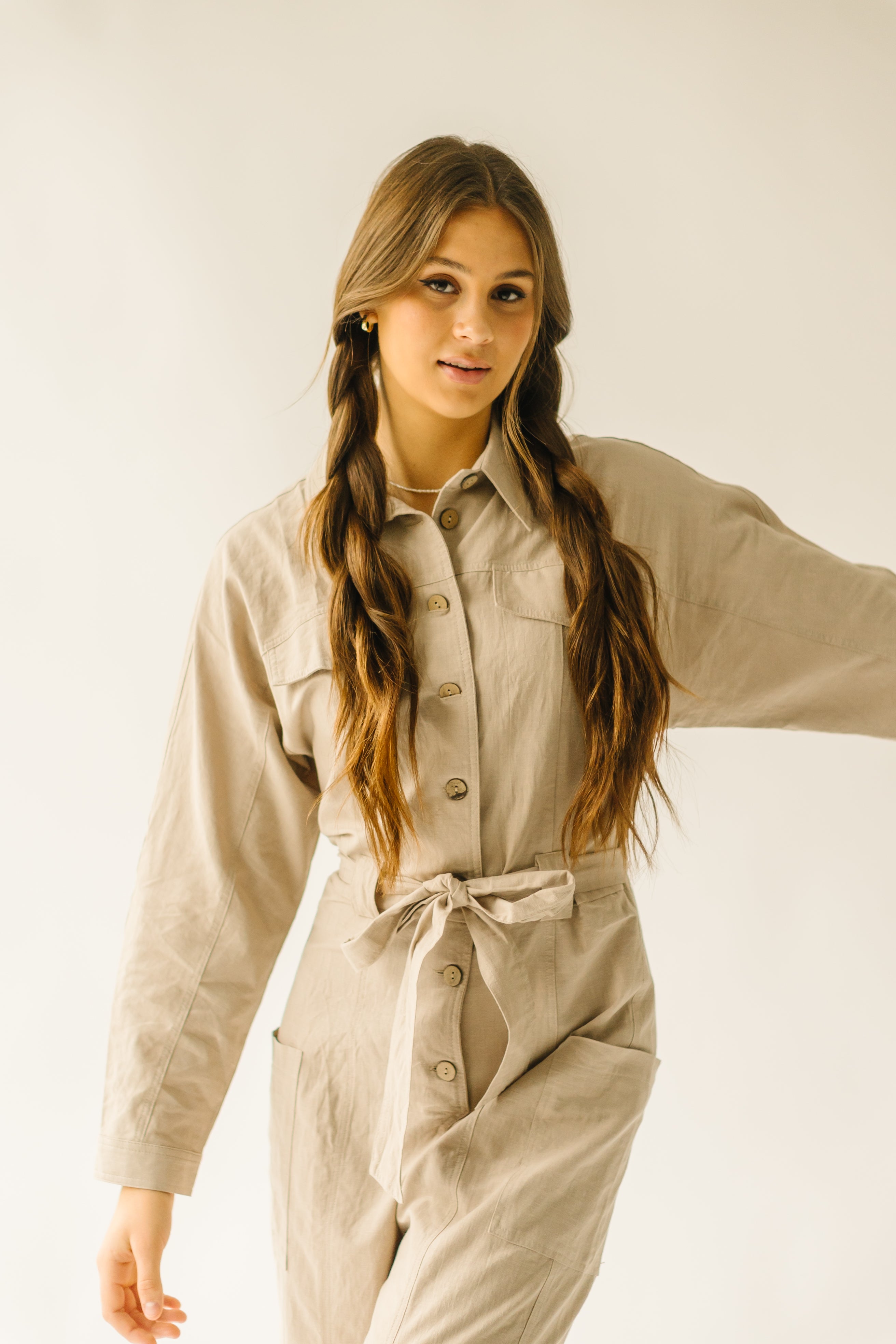 The Peckham Waist-Tie Jumpsuit in Taupe