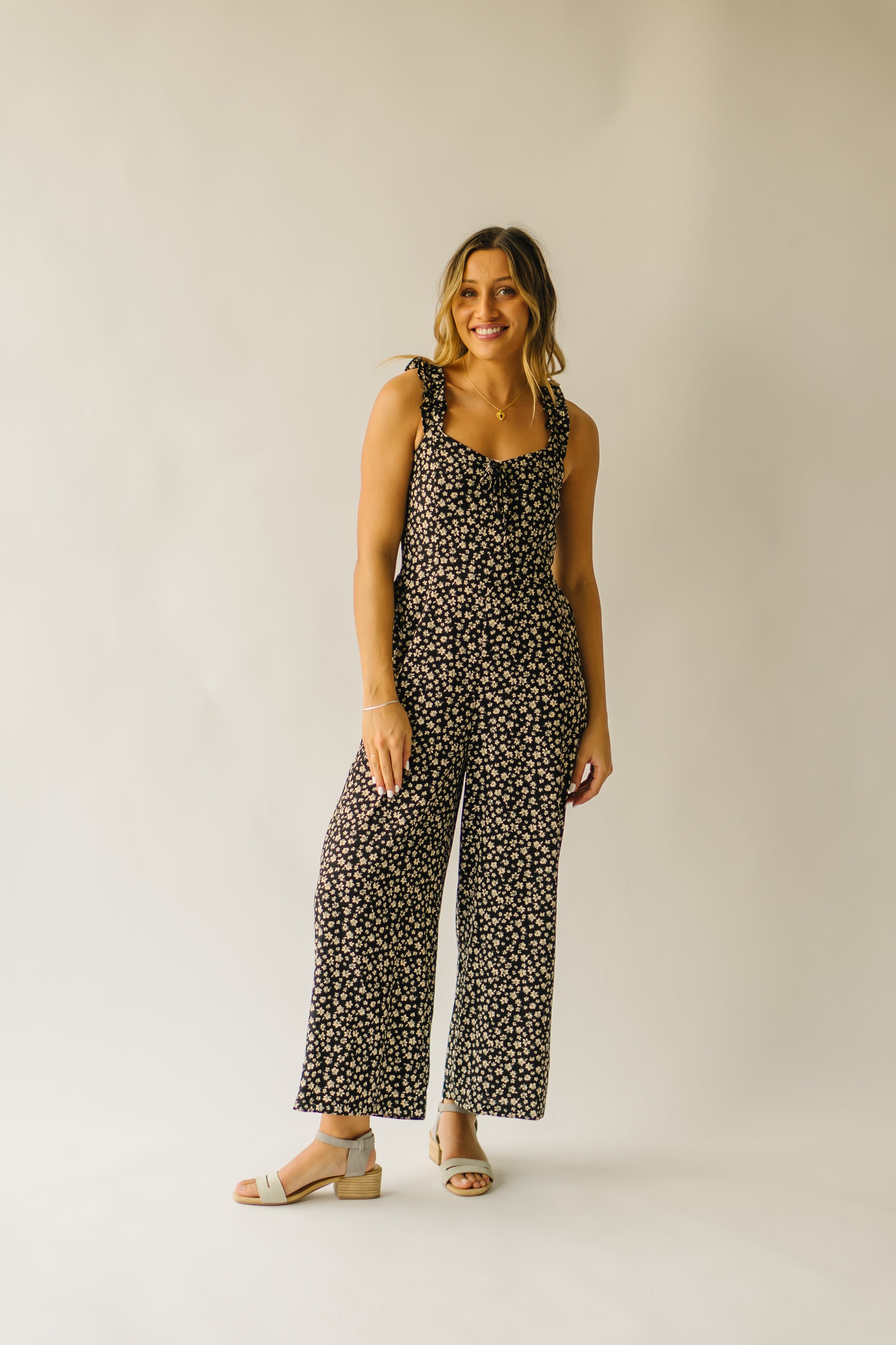 The Rosette Floral Tank Jumpsuit in Black