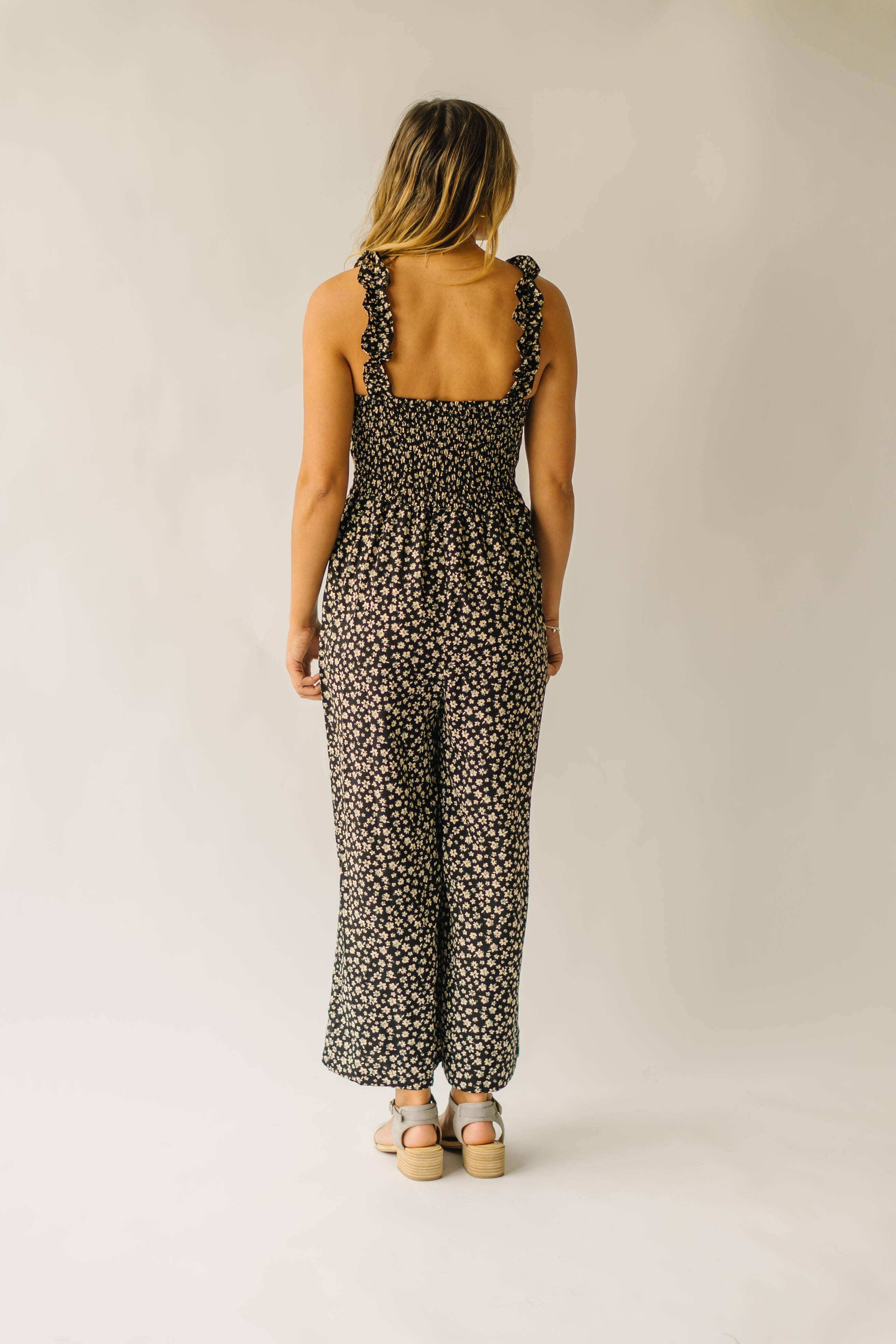 The Rosette Floral Tank Jumpsuit in Black