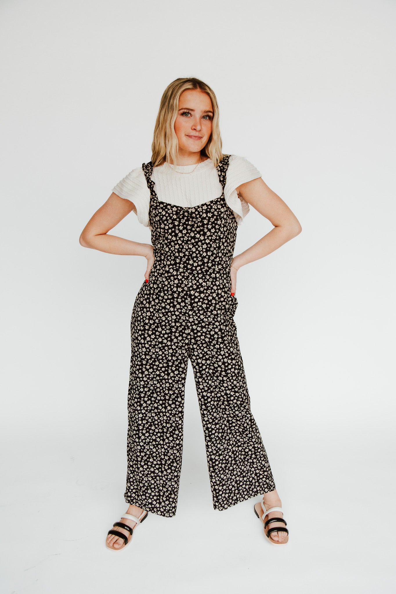 The Rosette Floral Tank Jumpsuit in Black