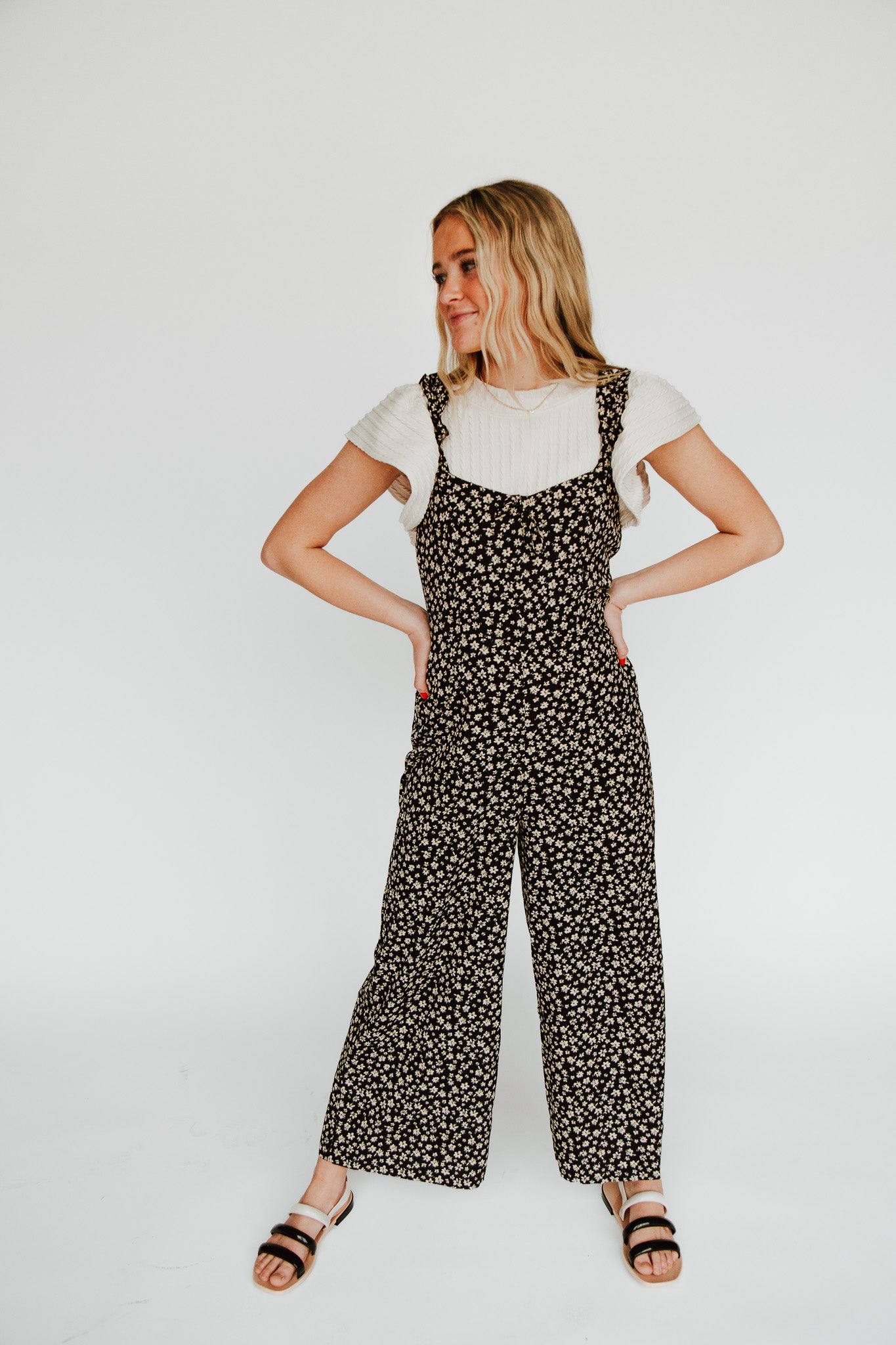 The Rosette Floral Tank Jumpsuit in Black