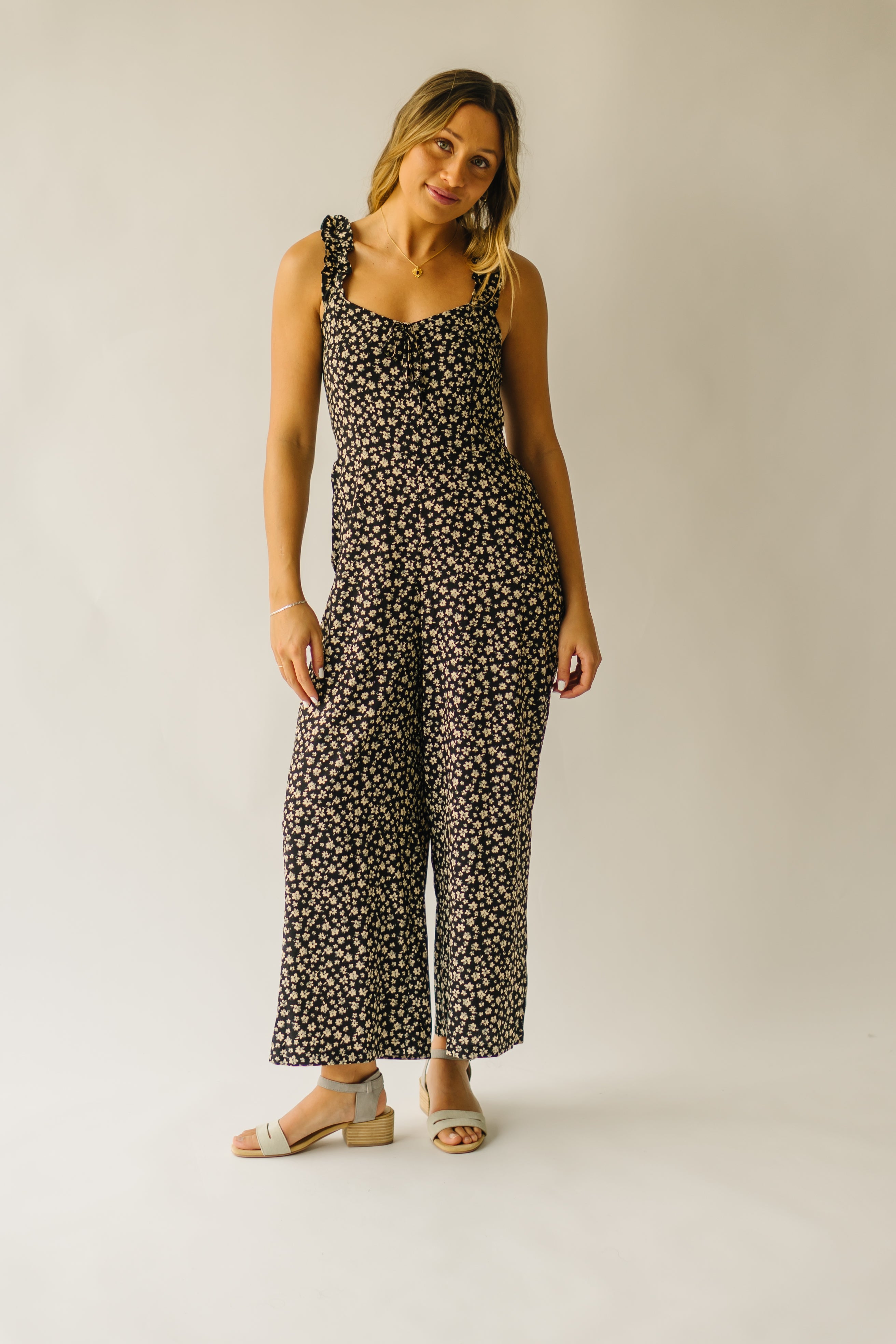 The Rosette Floral Tank Jumpsuit in Black