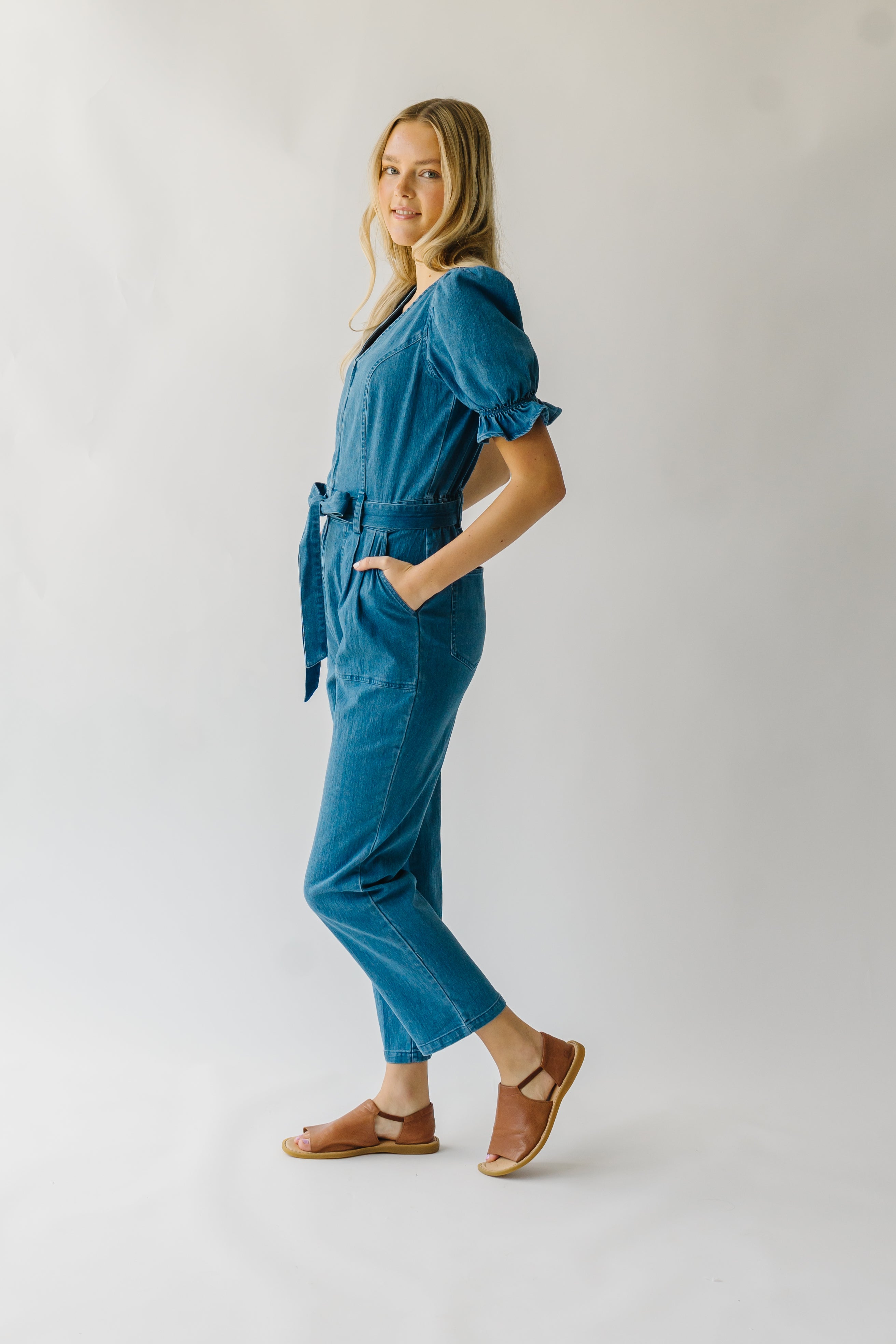 The Roxand Puff Sleeve Jumpsuit in Denim