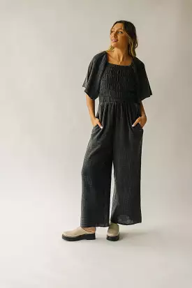 The Slater Smocked Detail Jumpsuit in Washed Charcoal