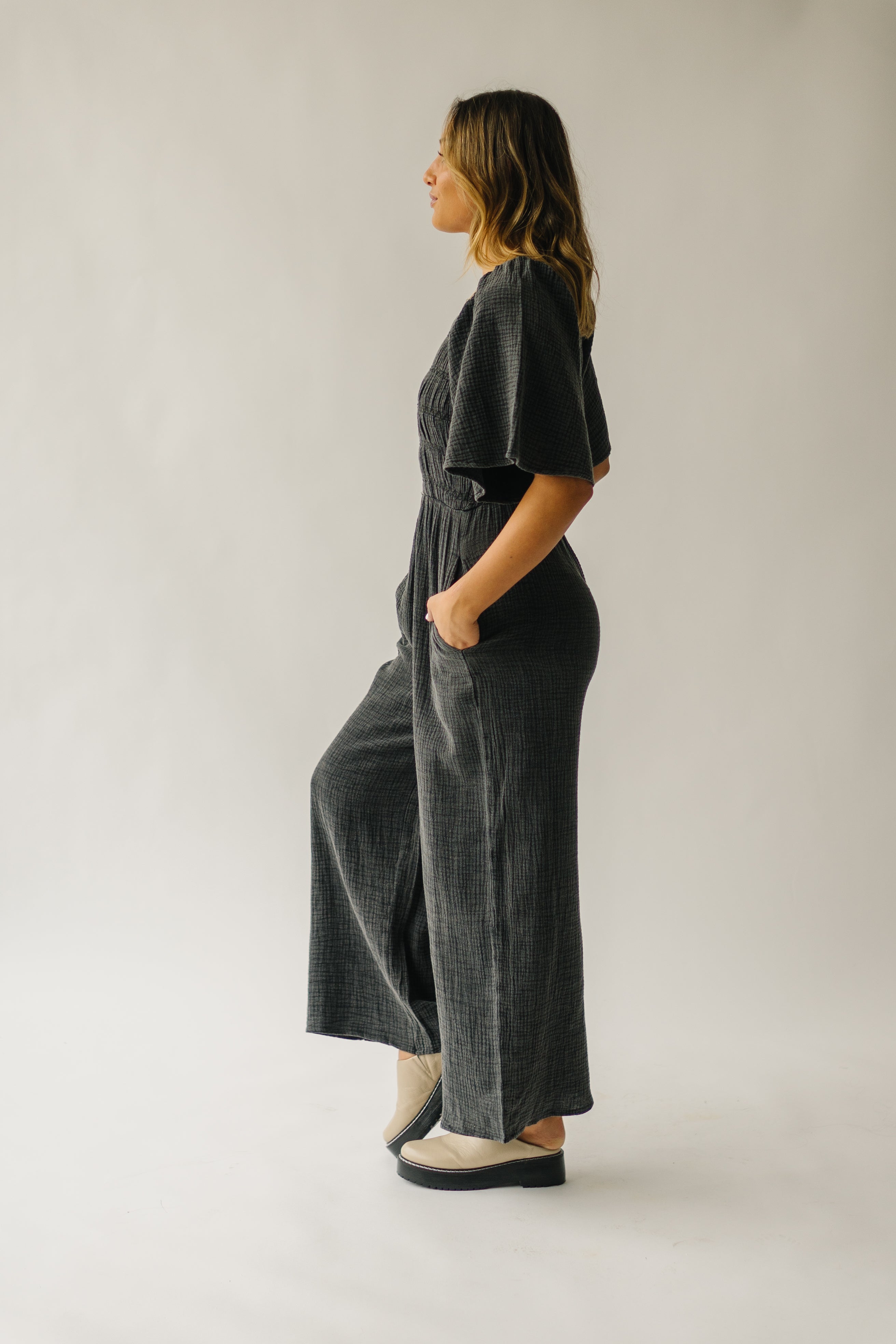 The Slater Smocked Detail Jumpsuit in Washed Charcoal