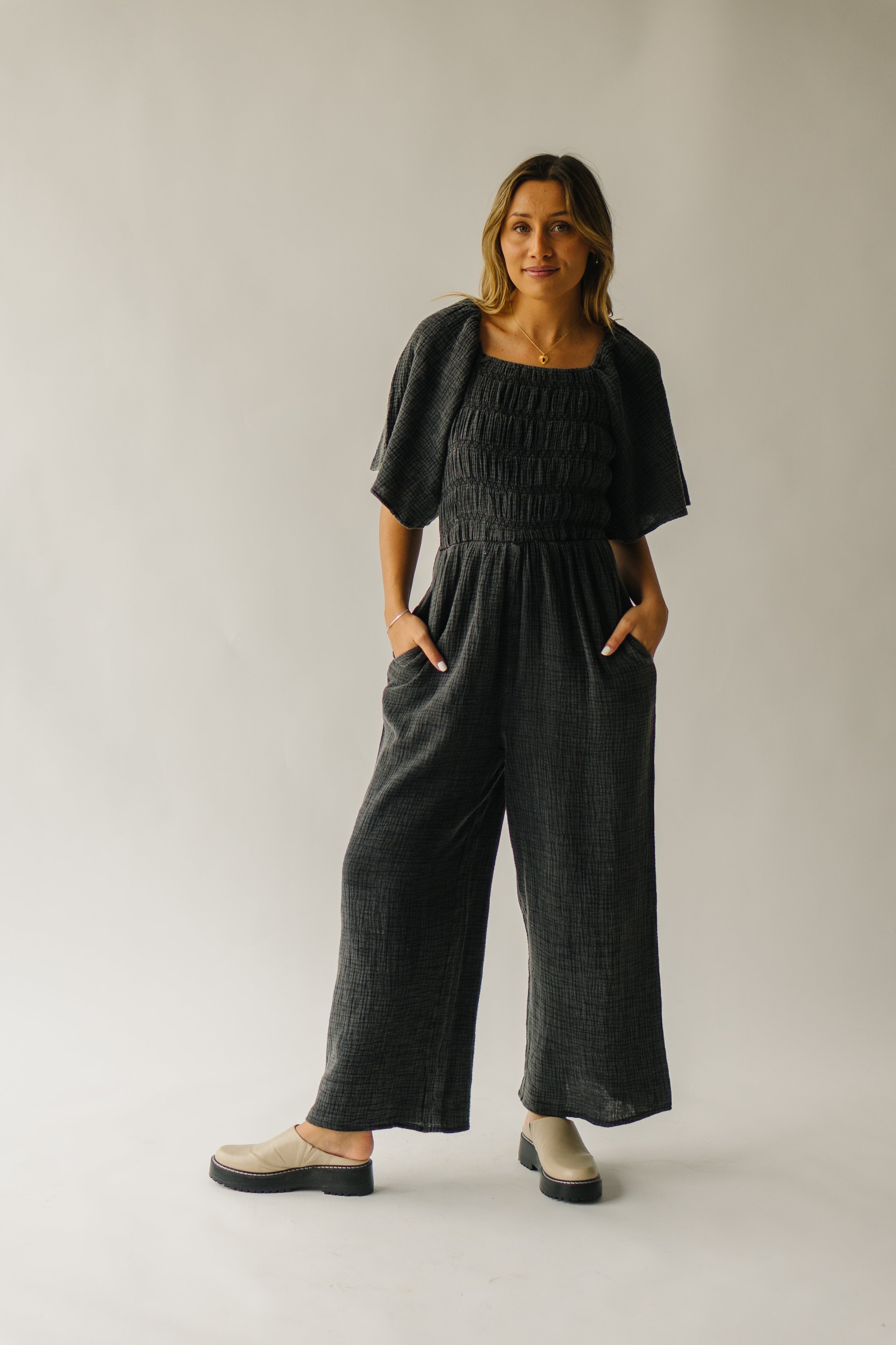 The Slater Smocked Detail Jumpsuit in Washed Charcoal