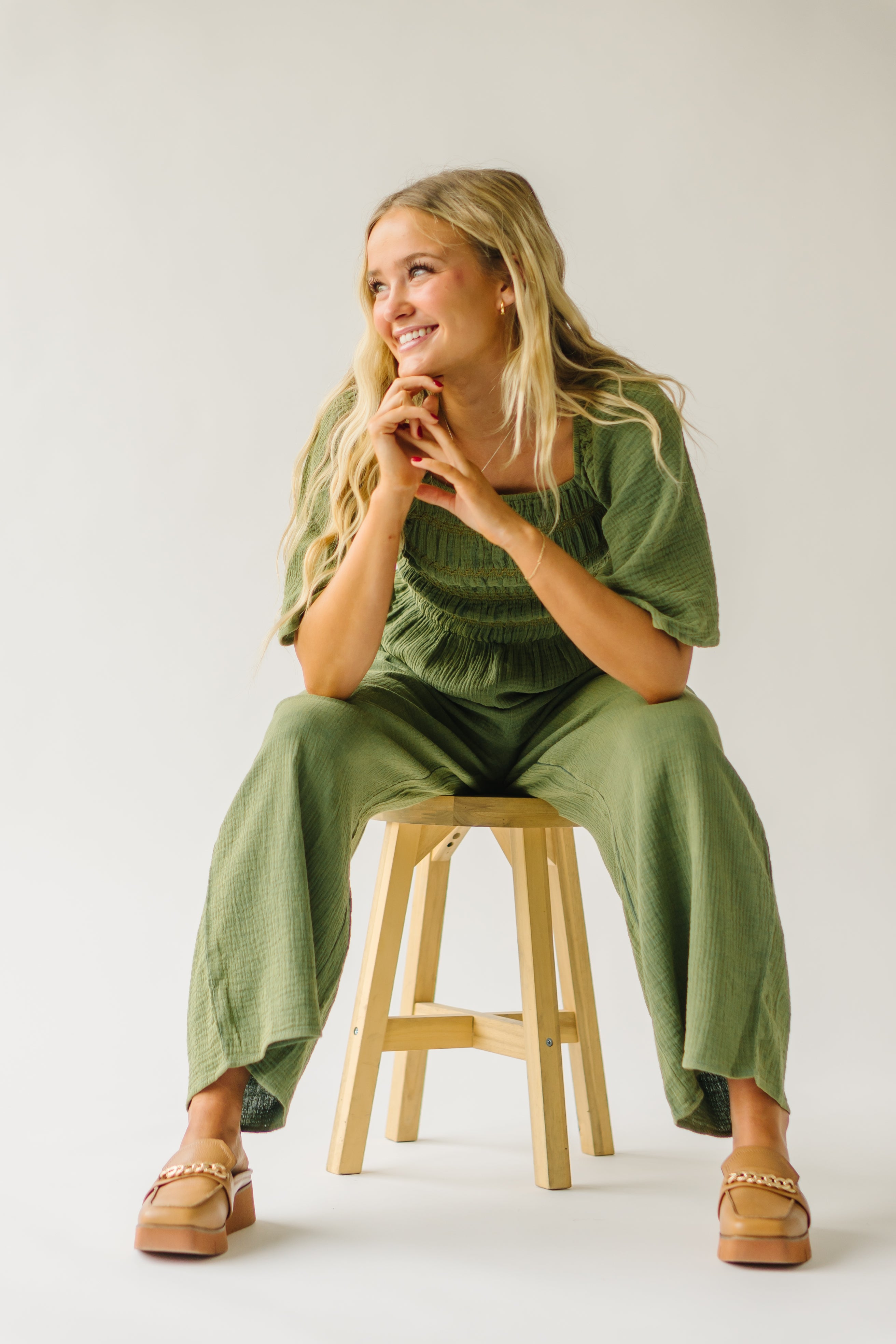 The Slater Smocked Detail Jumpsuit in Washed Green