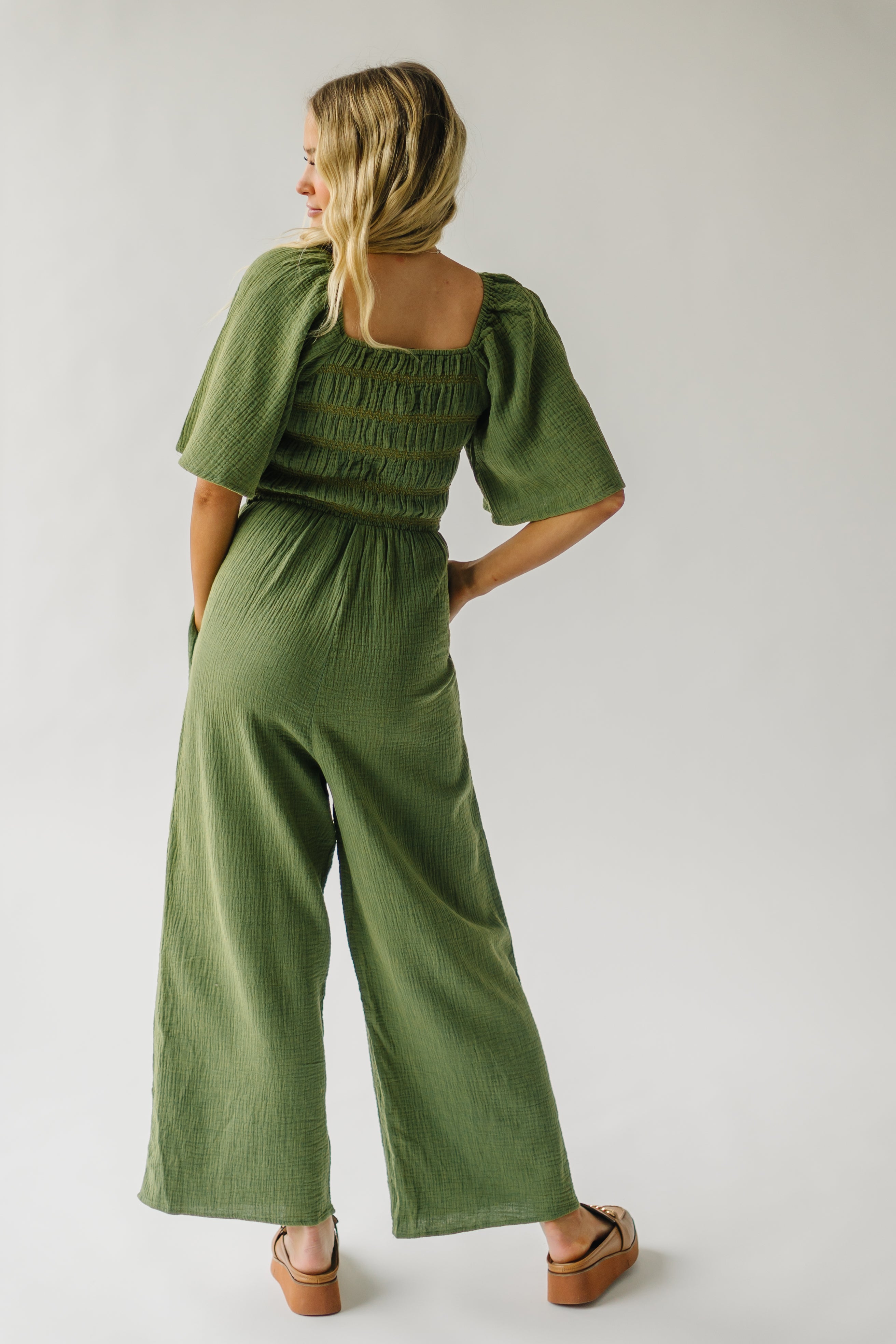 The Slater Smocked Detail Jumpsuit in Washed Green