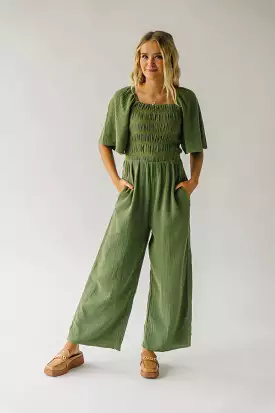 The Slater Smocked Detail Jumpsuit in Washed Green