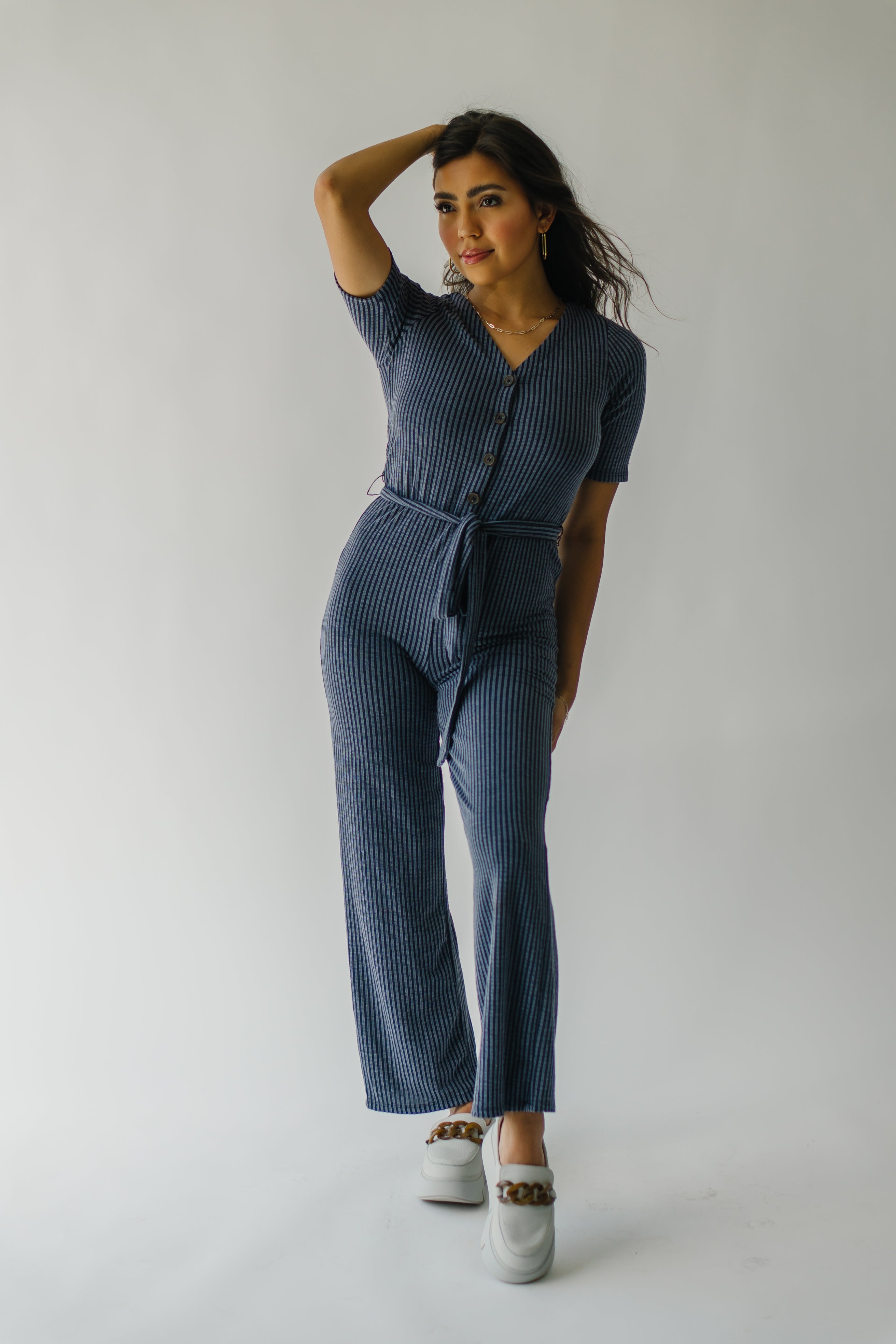 The Susan Belted Jumpsuit in Navy Stripe