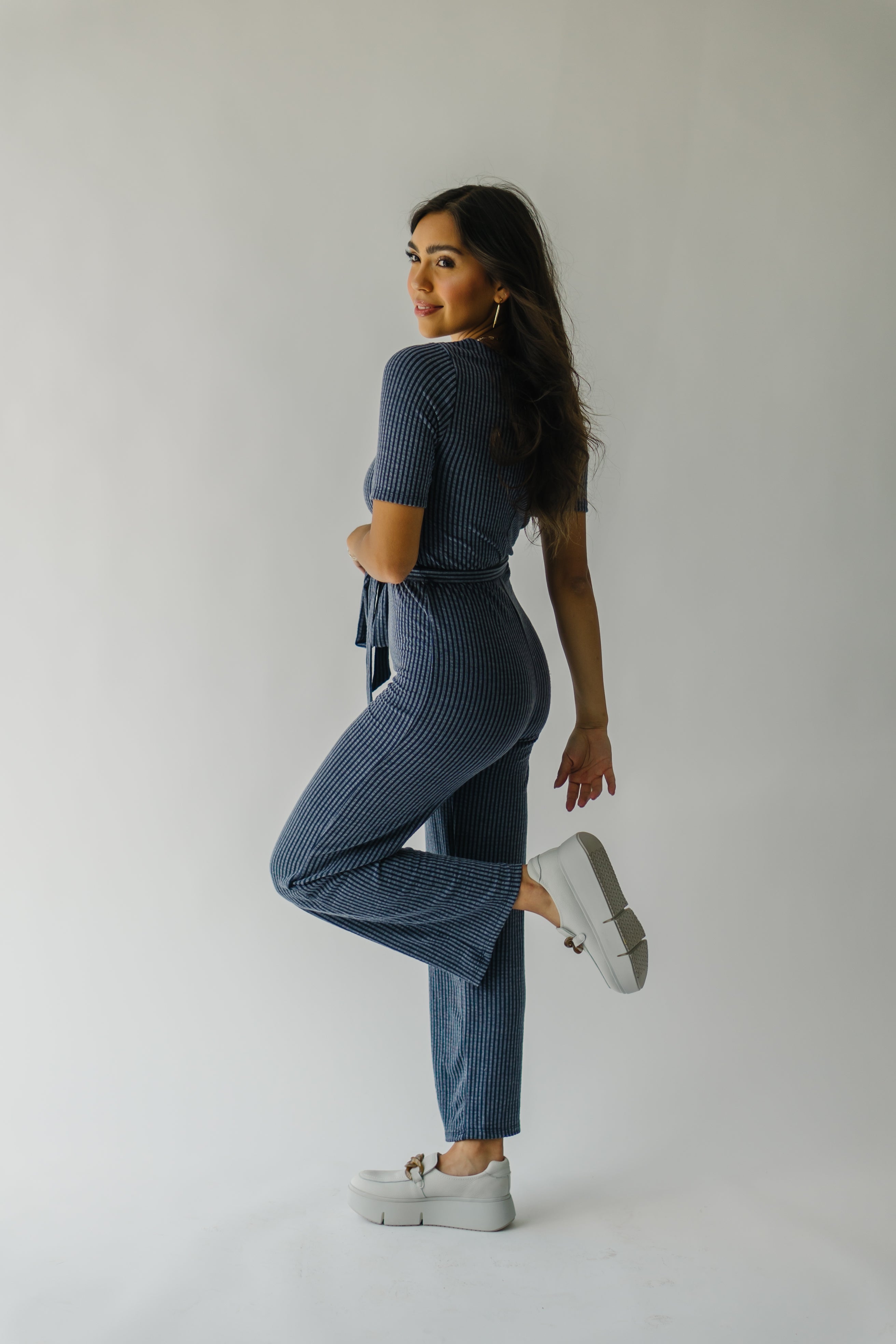 The Susan Belted Jumpsuit in Navy Stripe