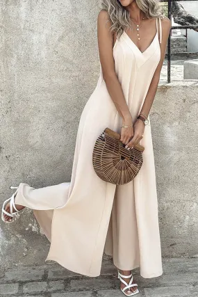 Tie-straps V Neck Slit Wide Leg Jumpsuits