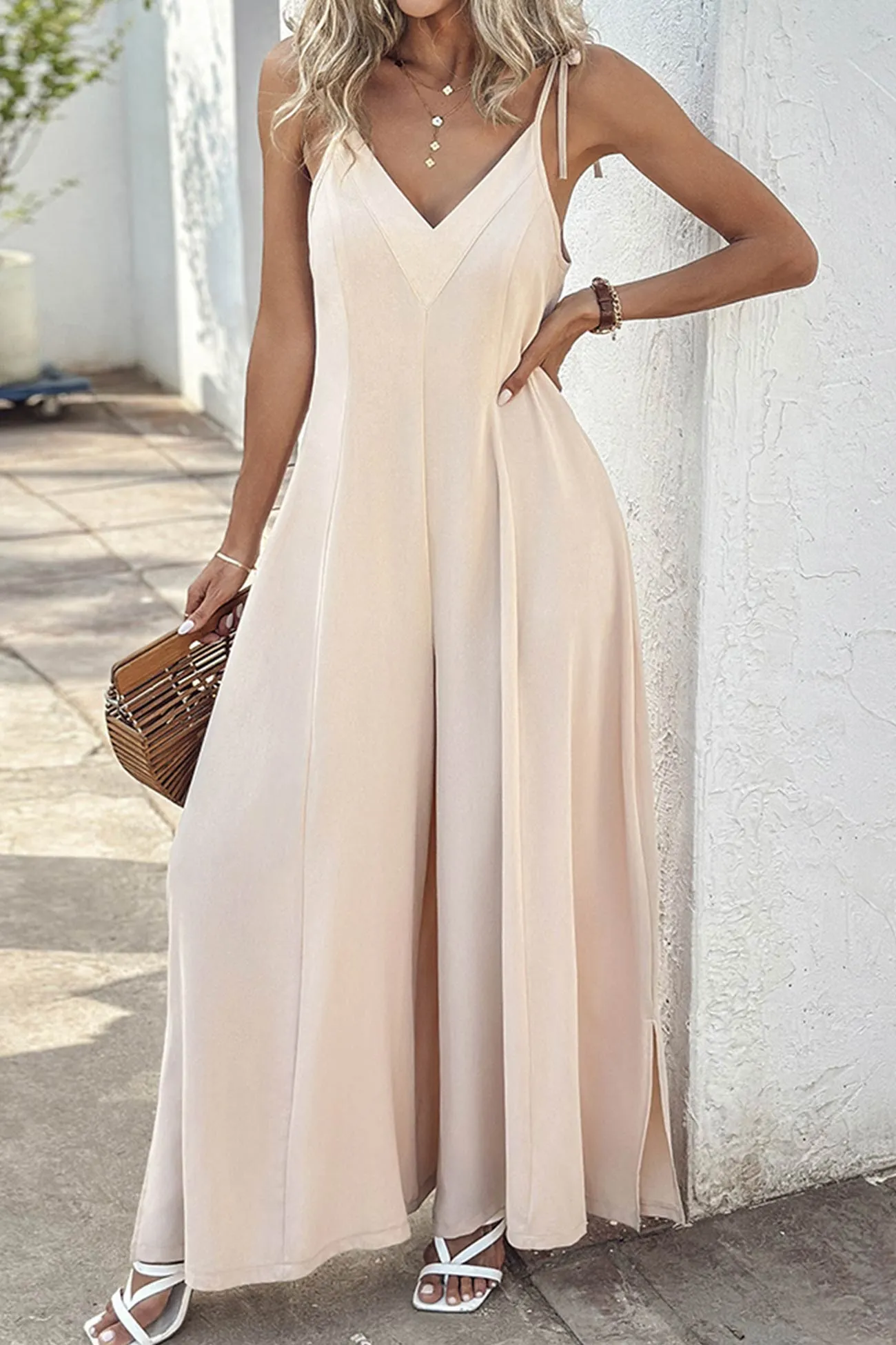 Tie-straps V Neck Slit Wide Leg Jumpsuits