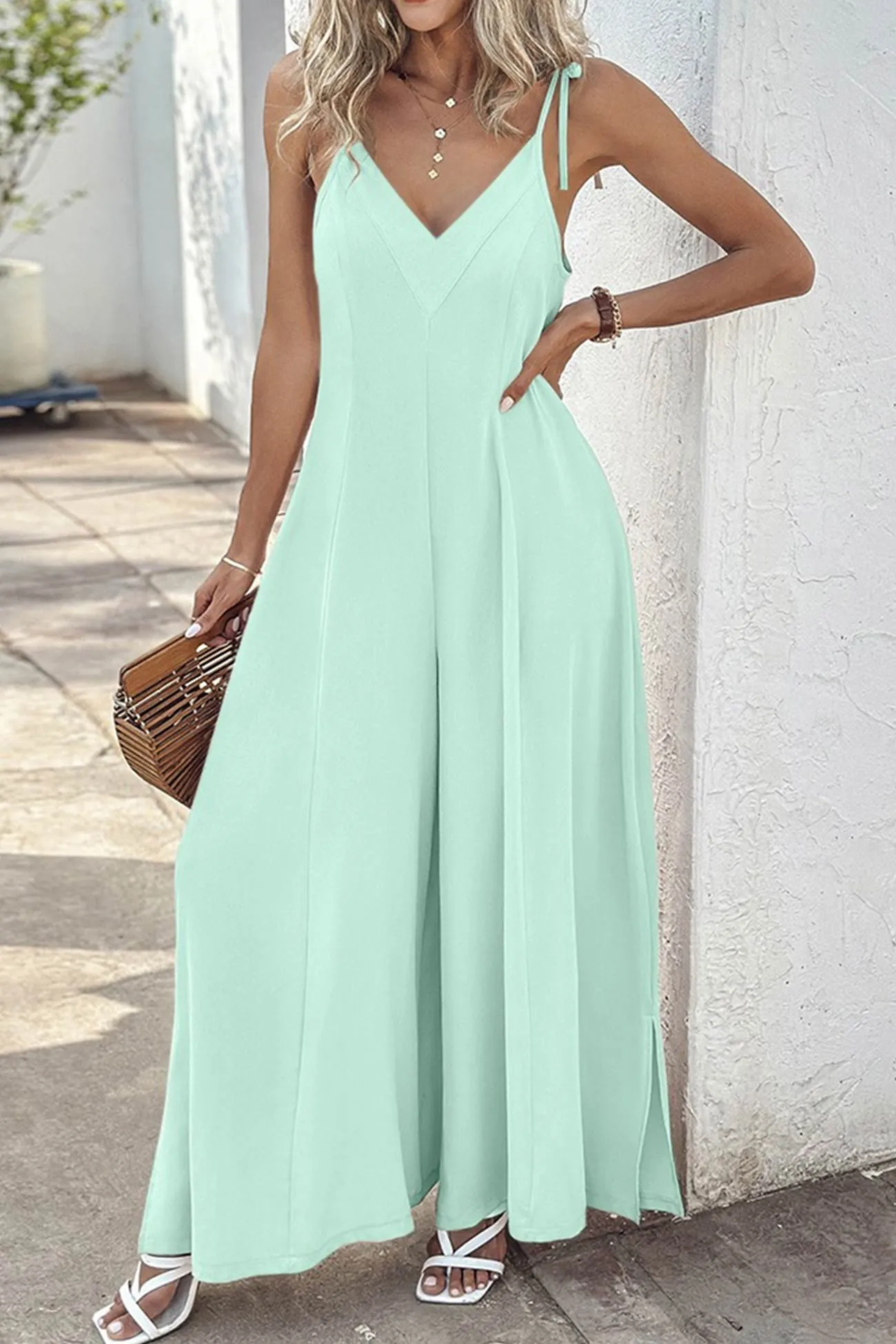 Tie-straps V Neck Slit Wide Leg Jumpsuits