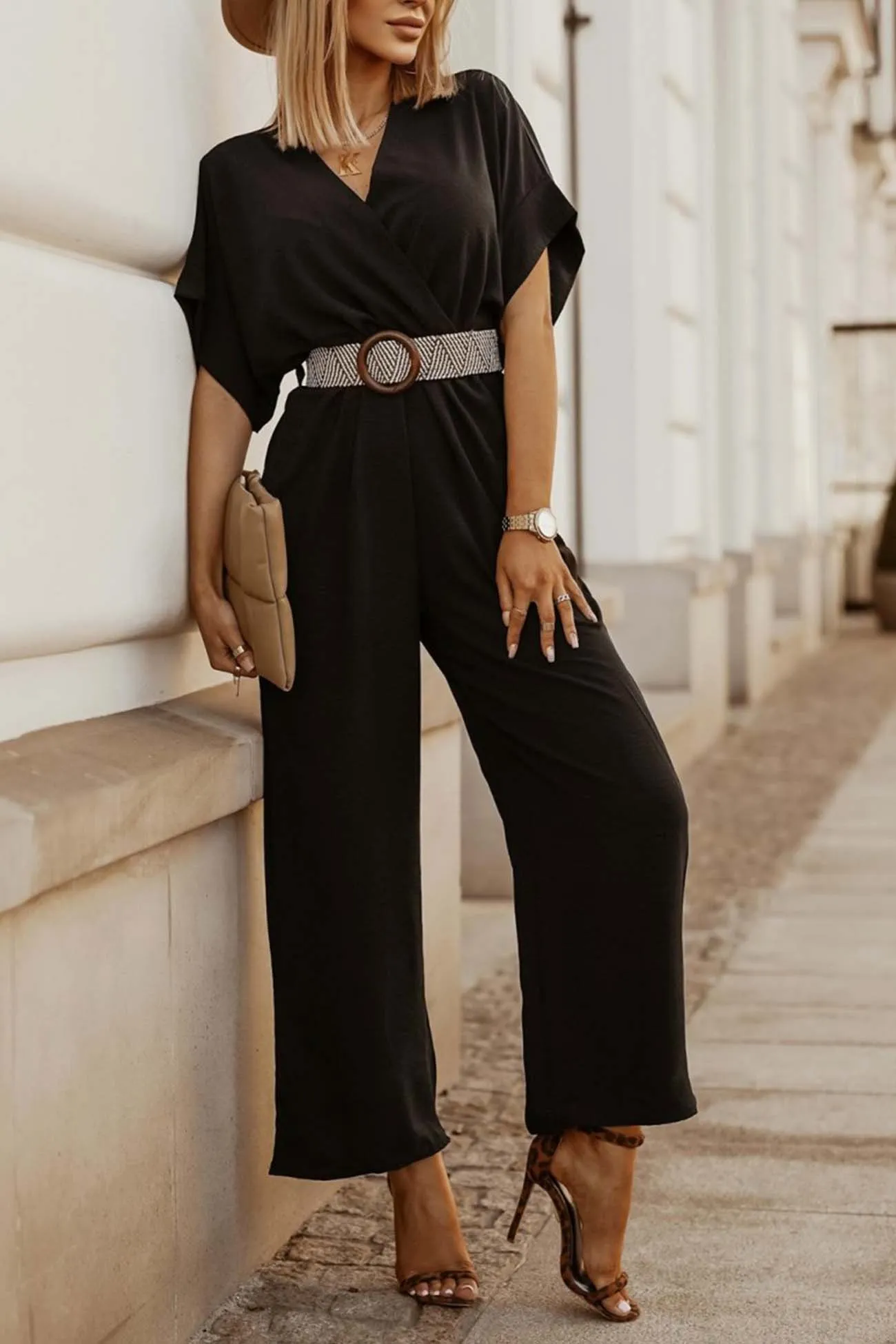 V Neck Batwing Sleeve Waist Tie Jumpsuits