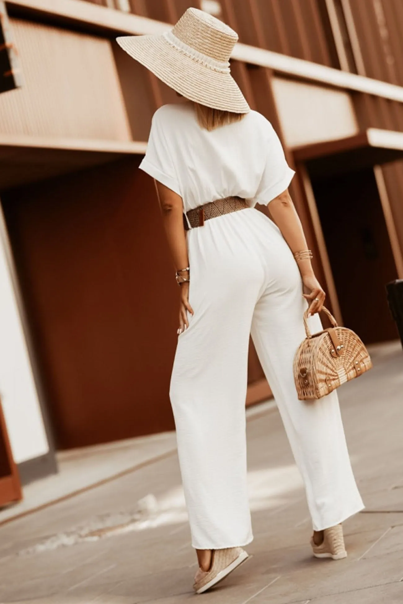 V Neck Batwing Sleeve Waist Tie Jumpsuits