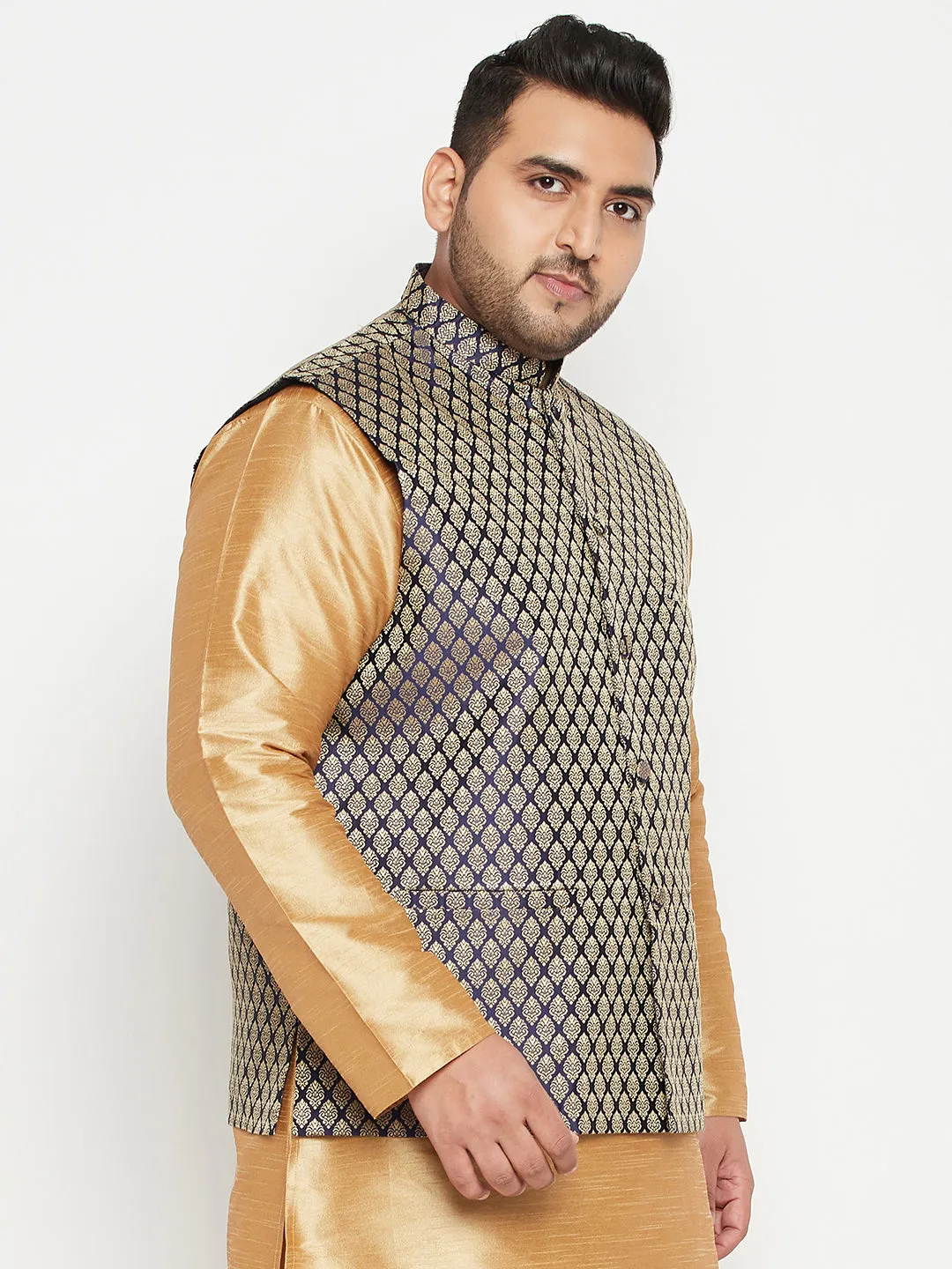 VASTRAMAY Men's Plus Size Blue Woven Nehru Jacket