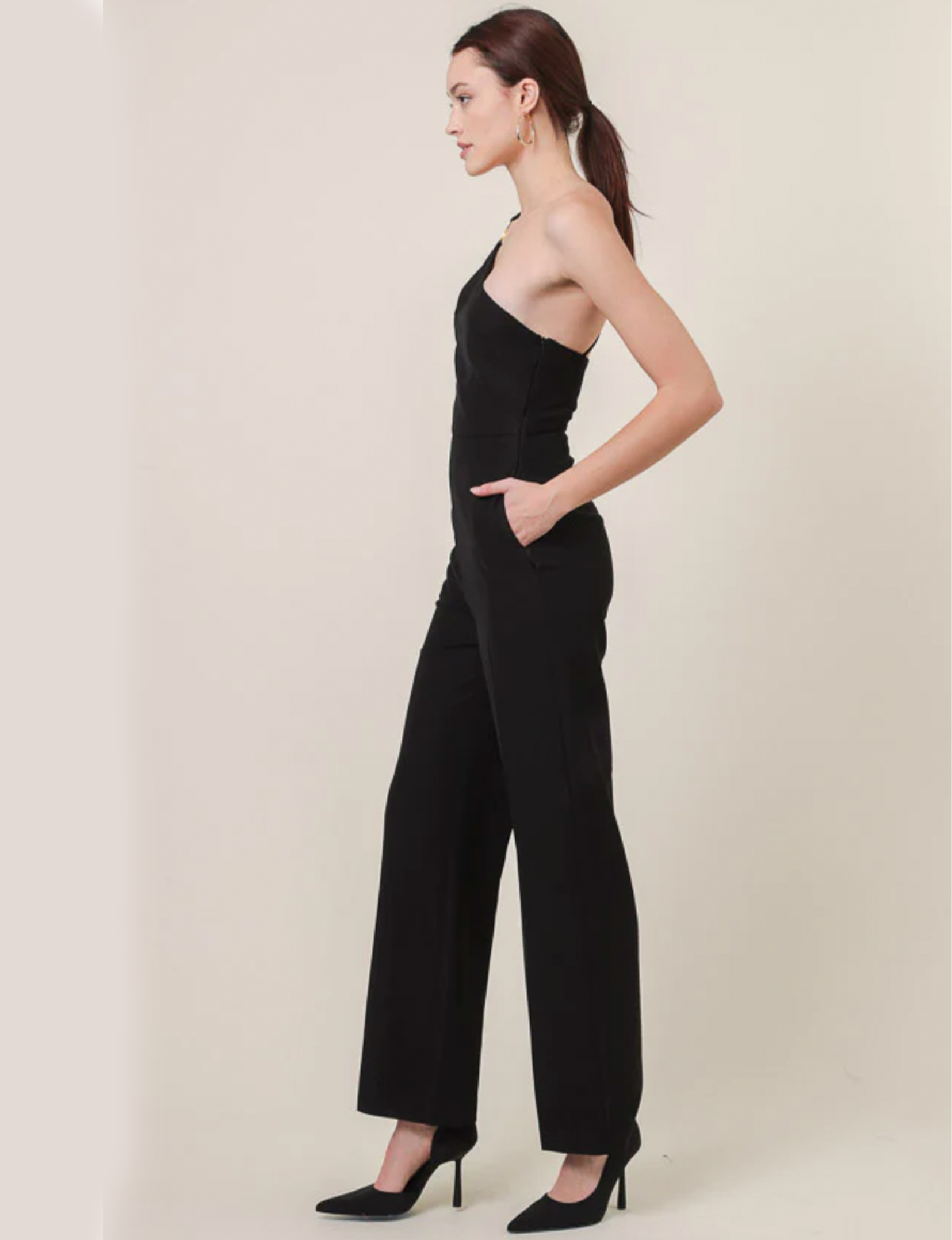 Vaughn One Shoulder Jumpsuit, Black