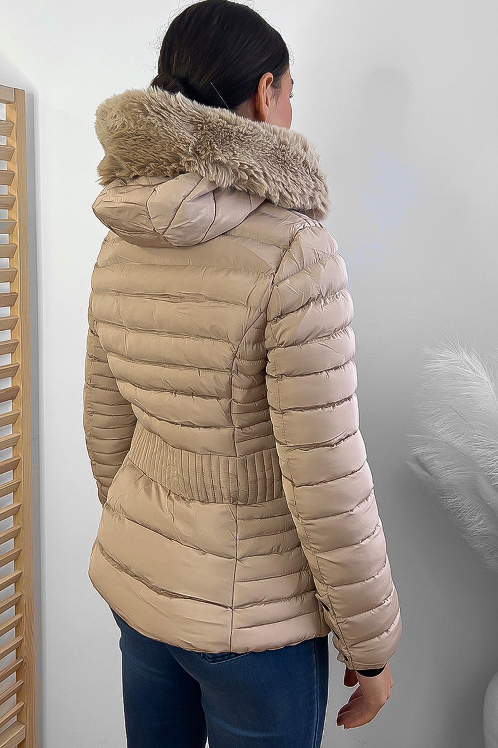 Vertical Zip Pockets Faux Fur Hooded Quilted Jacket